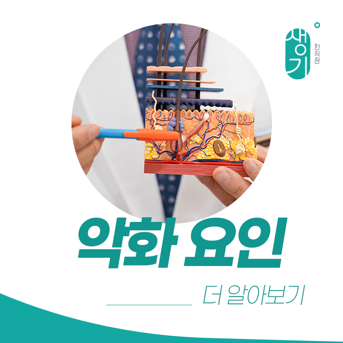피부 구조 모형을 가리키는 사진과 문구 「악화 요인 · 더 알아보기」