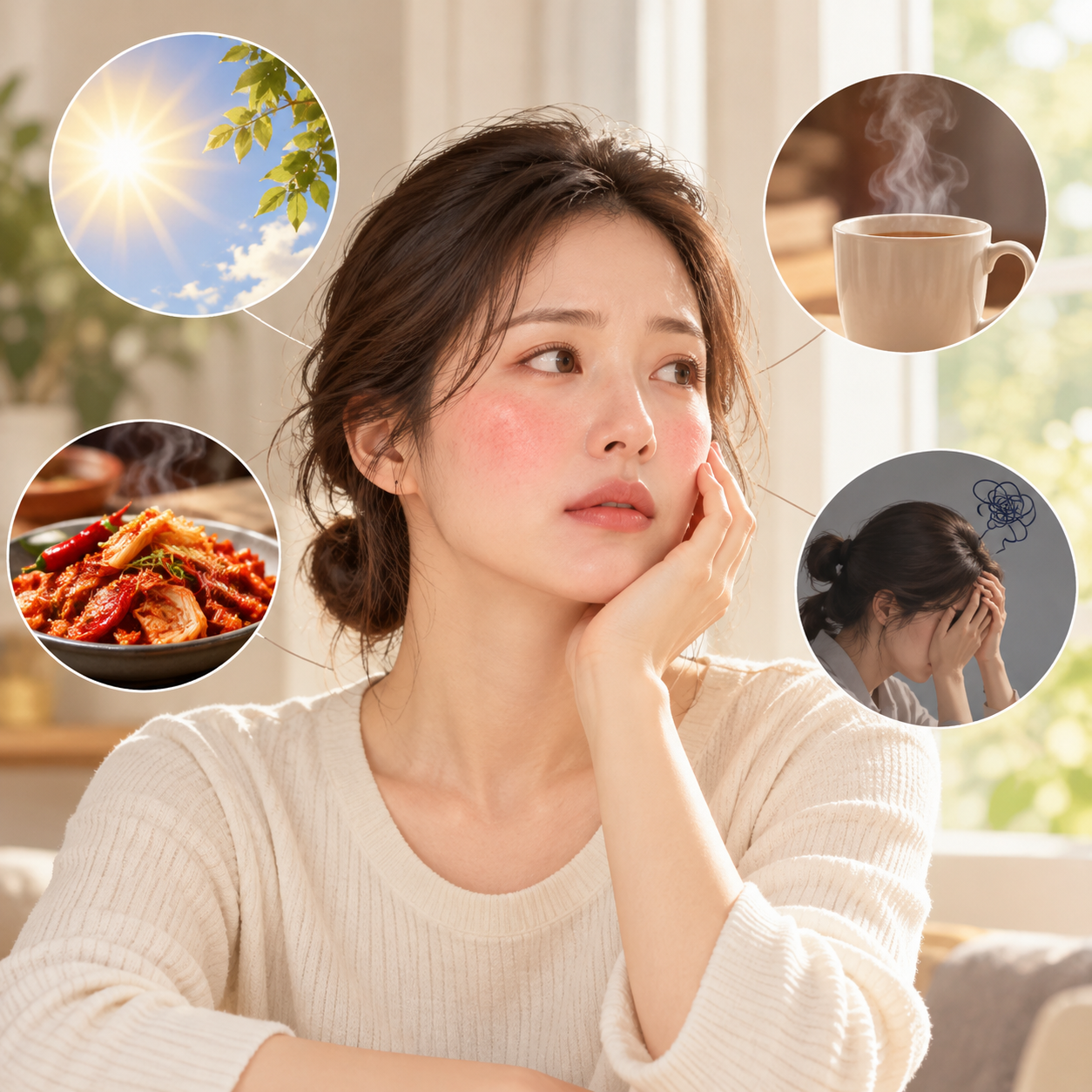 서현 분당 생기한의원에서 설명하는 햇빛, 뜨거운 음료, 매운 음식과 스트레스 등 주사피부염의 악화 요인을 보여주는 AI 생성 설명 이미지