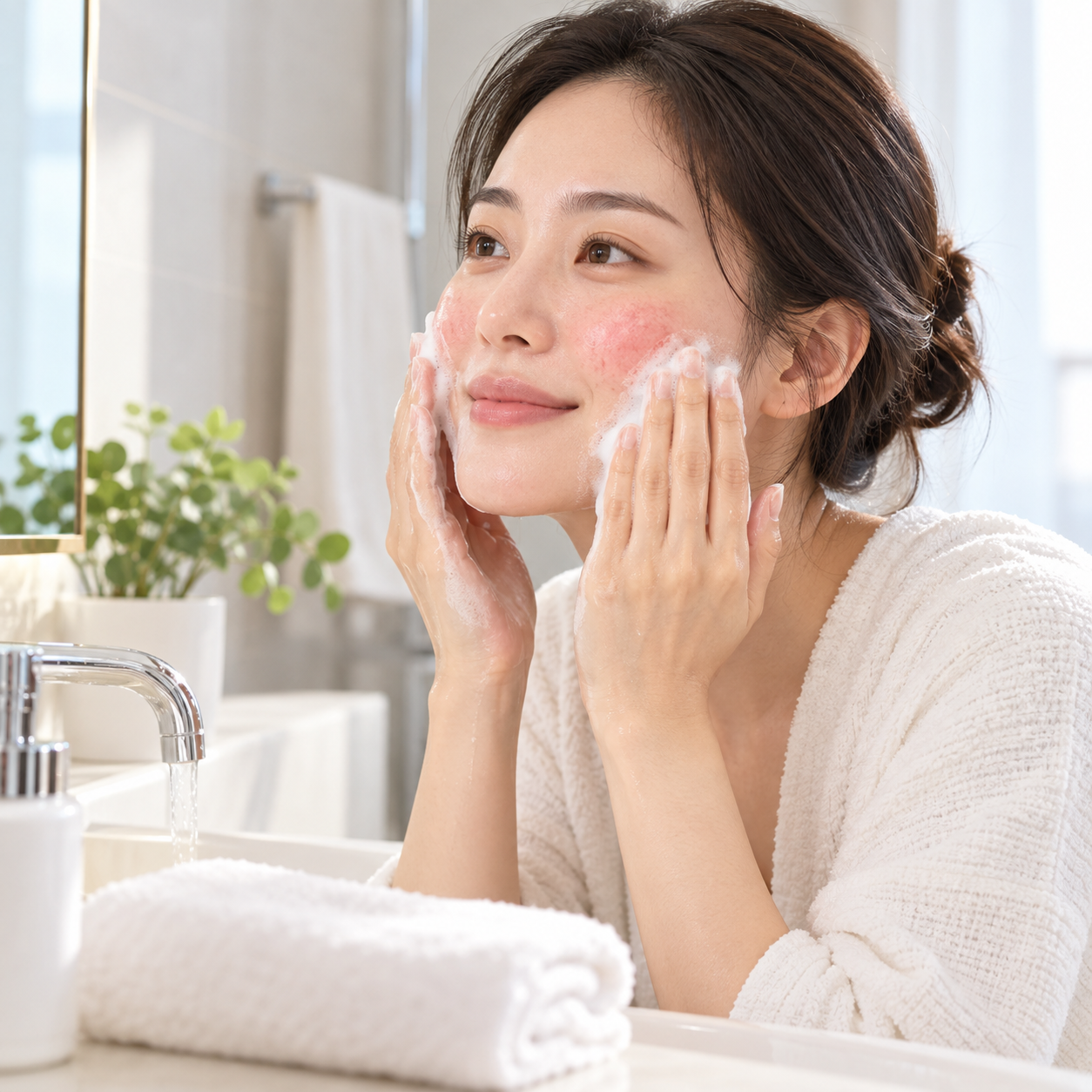 분당 서현 생기한의원에서 설명하는 민감해진 얼굴 피부를 손끝으로 부드럽게 세안하는 생활 장면을 표현한 AI 생성 이미지