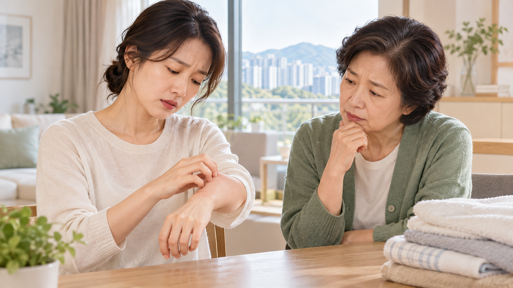 성남 분당 지역 성인 여성이 손목의 가려움을 살펴보고 가족이 함께 피부 상태를 확인하는 생활 장면
