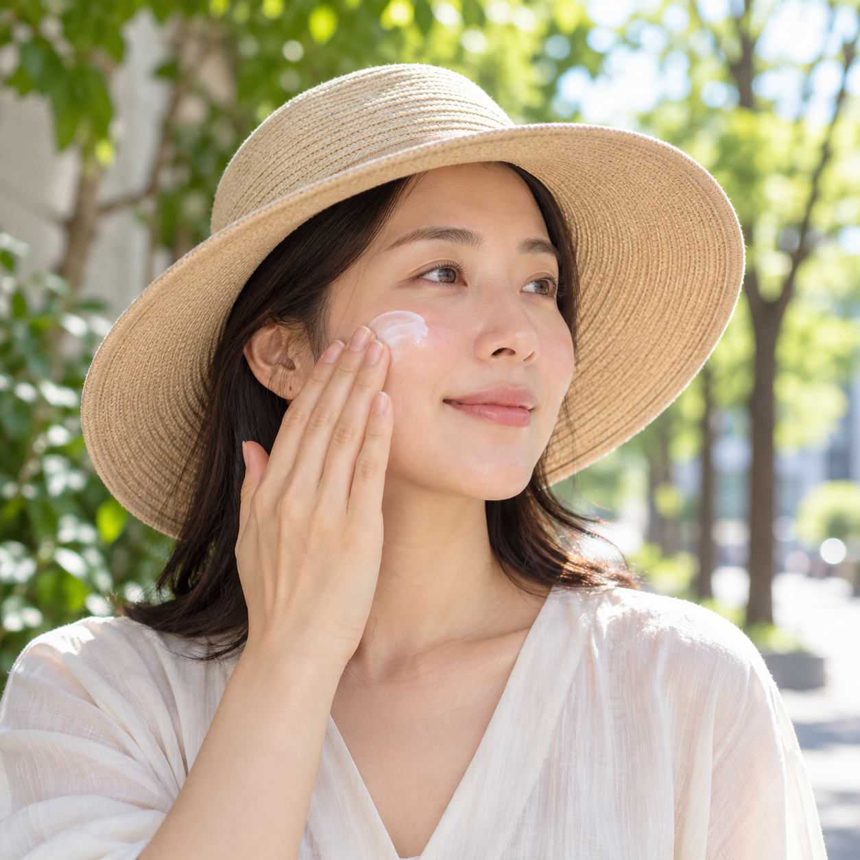 분당 생기한의원에서 주사피부염 설명을 위해 햇빛 아래에서 모자를 착용하고 자외선 차단제를 바르는 성인의 생활 장면을 표현한 AI 생성 이미지