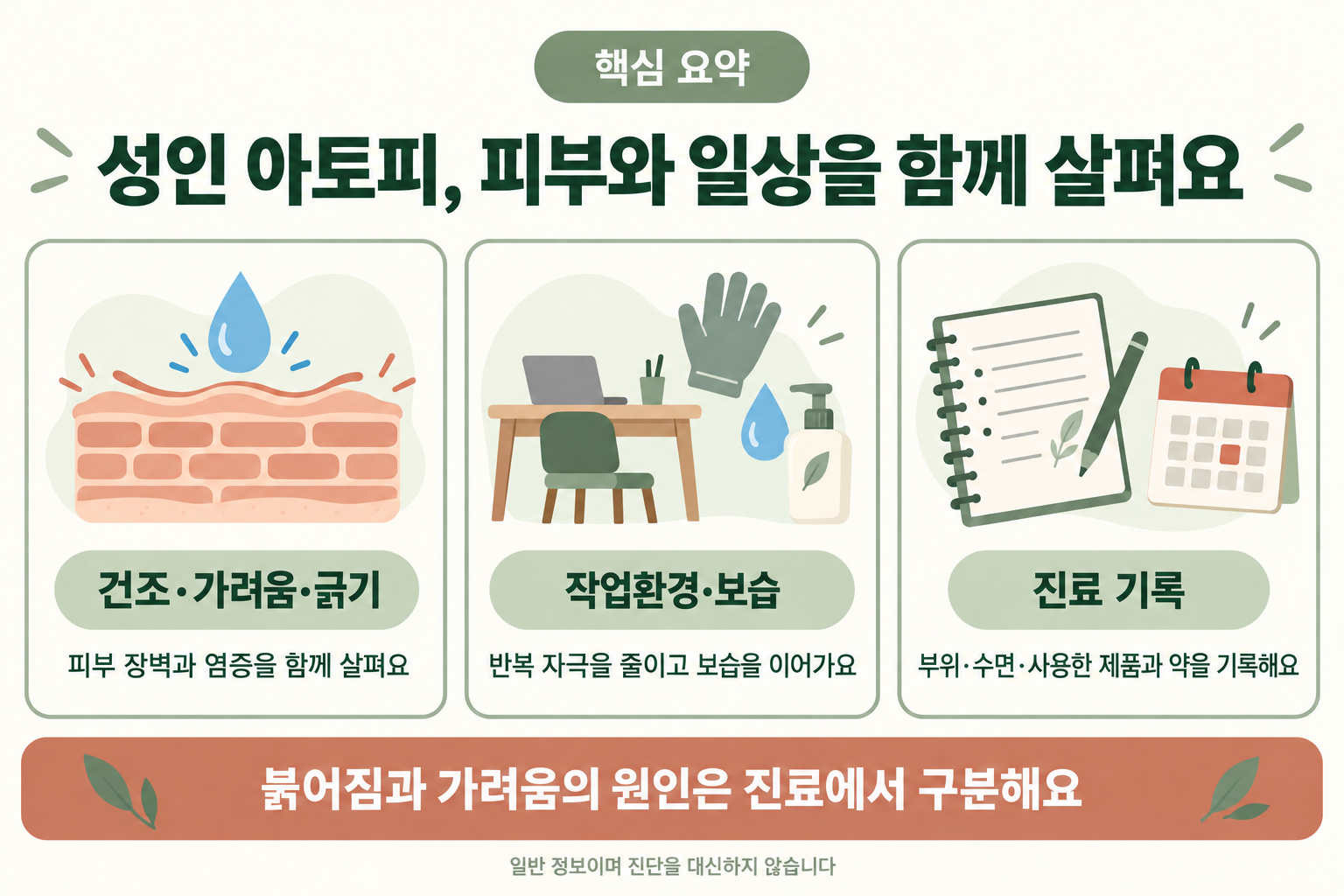 성인아토피의 피부장벽과 가려움, 보습과 자극 관리, 진료 상담을 정리한 요약 그림.