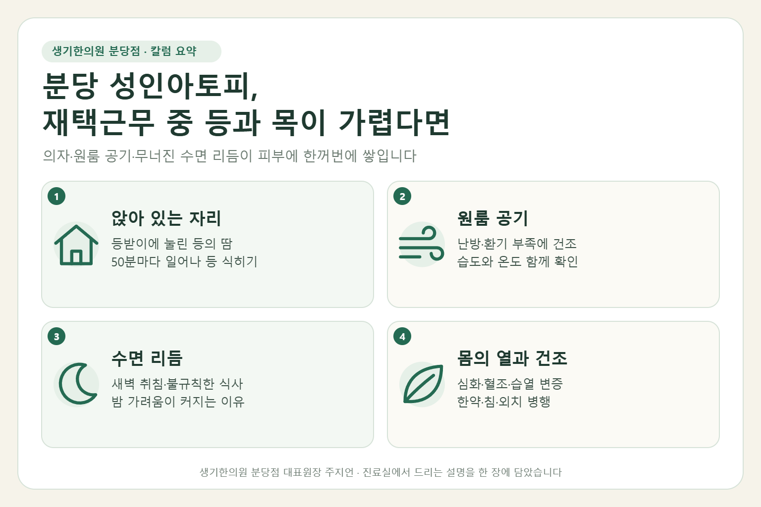 분당 성인아토피에서 재택근무 중 앉아 있는 자리, 원룸 공기, 수면 리듬, 몸의 열과 건조를 함께 보는 치료를 정리한 요약 그림