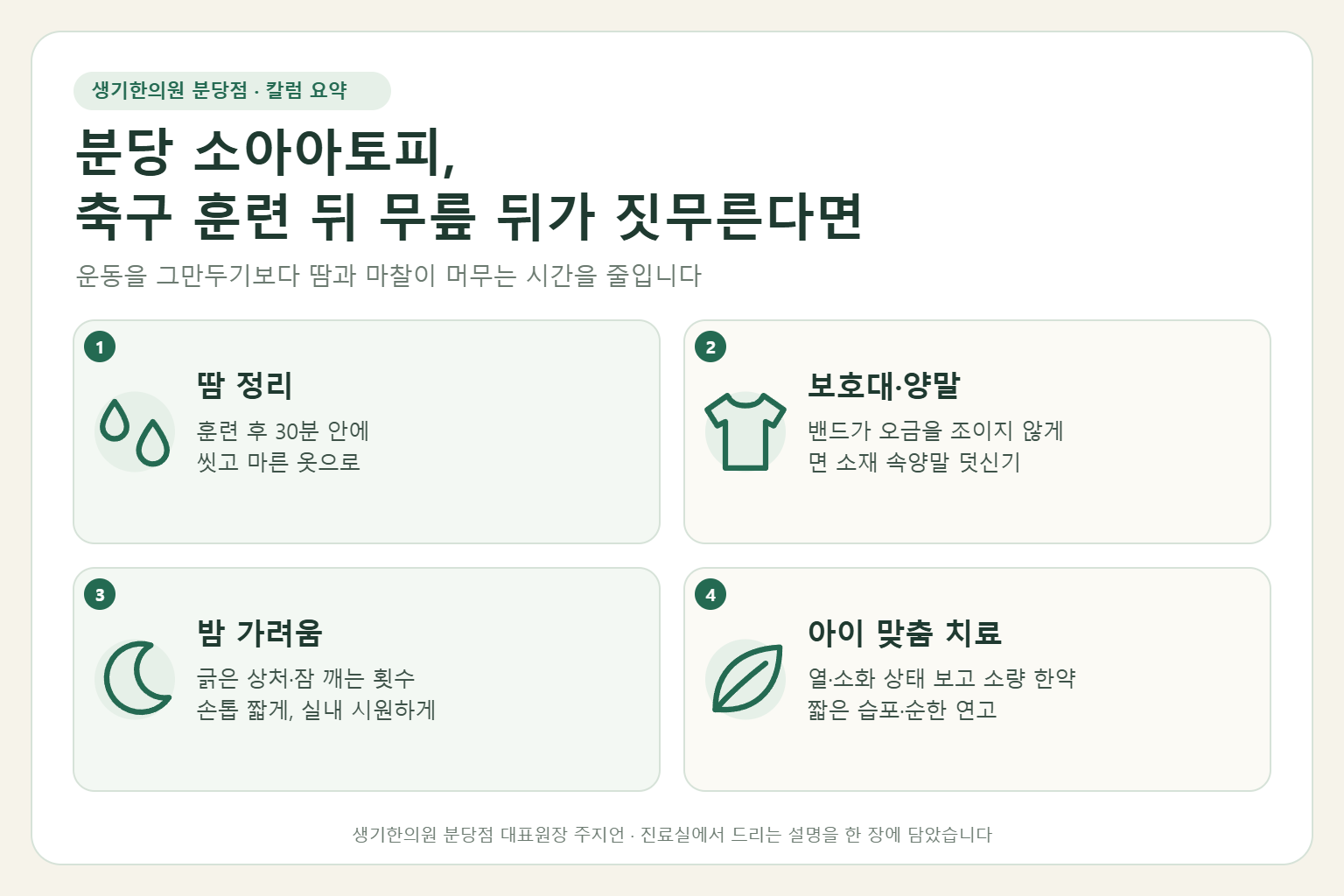 분당 소아아토피에서 훈련 후 땀 정리, 보호대와 양말 관리, 밤 가려움, 아이 맞춤 치료를 정리한 요약 그림
