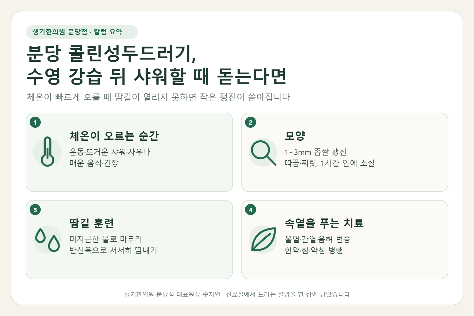 분당 콜린성두드러기에서 체온이 오르는 계기, 팽진의 모양, 땀길 훈련, 속열을 푸는 한의원 치료를 정리한 요약 그림