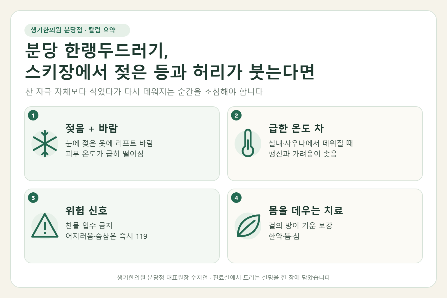 분당 한랭두드러기에서 젖은 옷과 바람, 급한 온도 차, 위험 신호, 몸을 데우는 치료를 정리한 요약 그림