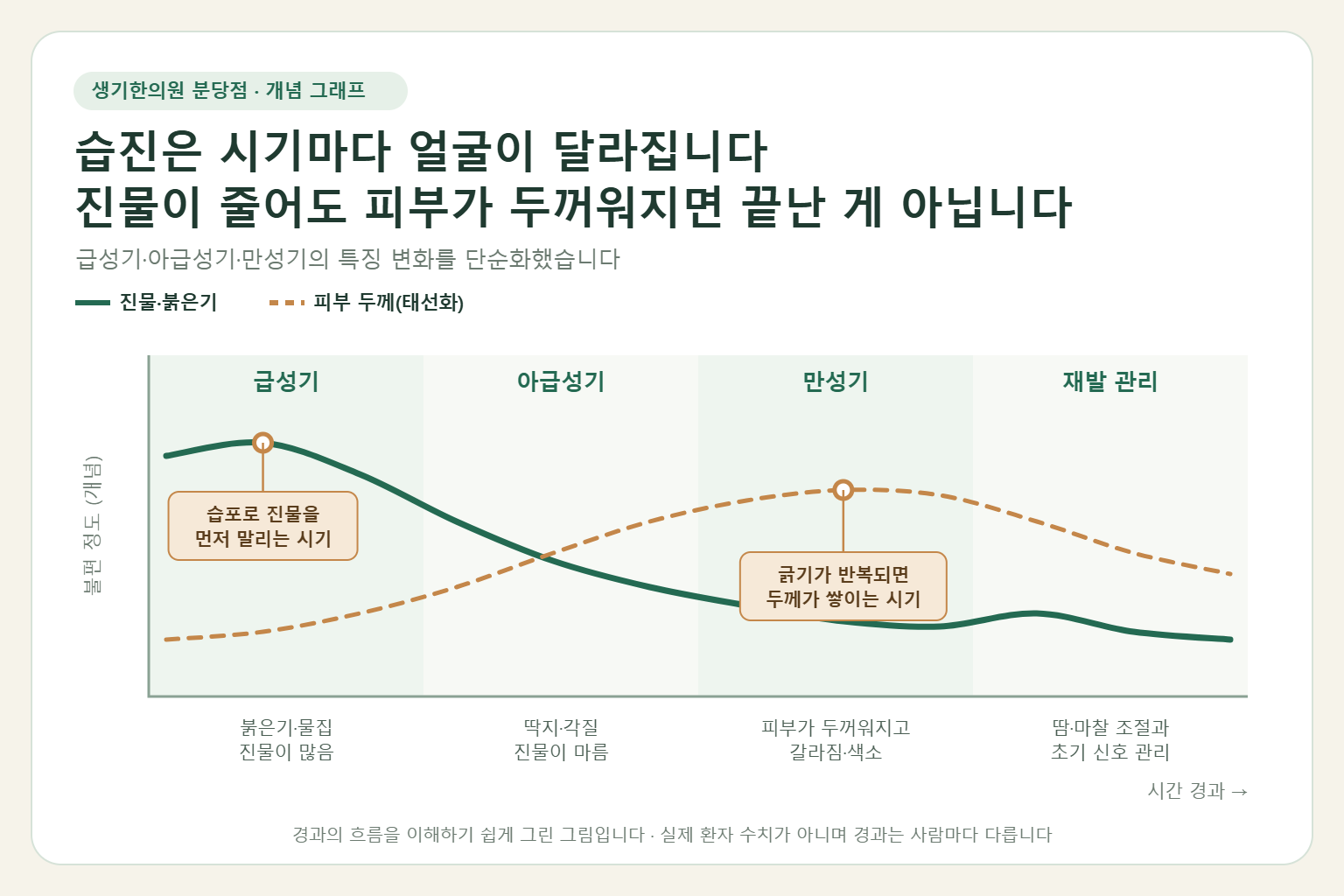 습진의 급성기, 아급성기, 만성기, 재발 관리 시기에 따라 진물과 붉은기는 줄고 긁기가 반복되면 피부 두께가 늘어나는 변화를 보여 주는 개념 그래프