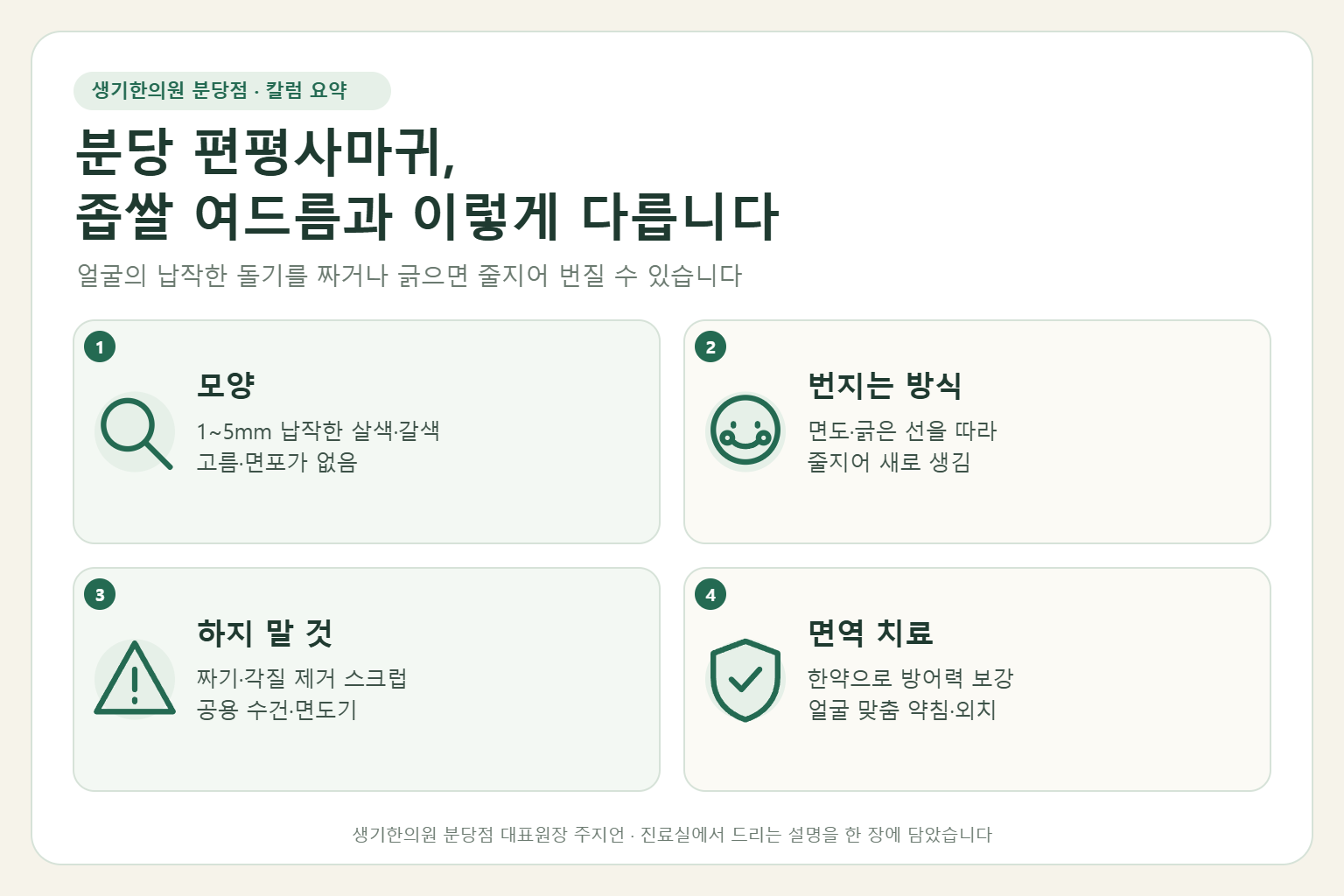 분당 편평사마귀와 좁쌀 여드름의 차이, 번지는 방식, 피해야 할 습관, 면역 치료를 정리한 요약 그림