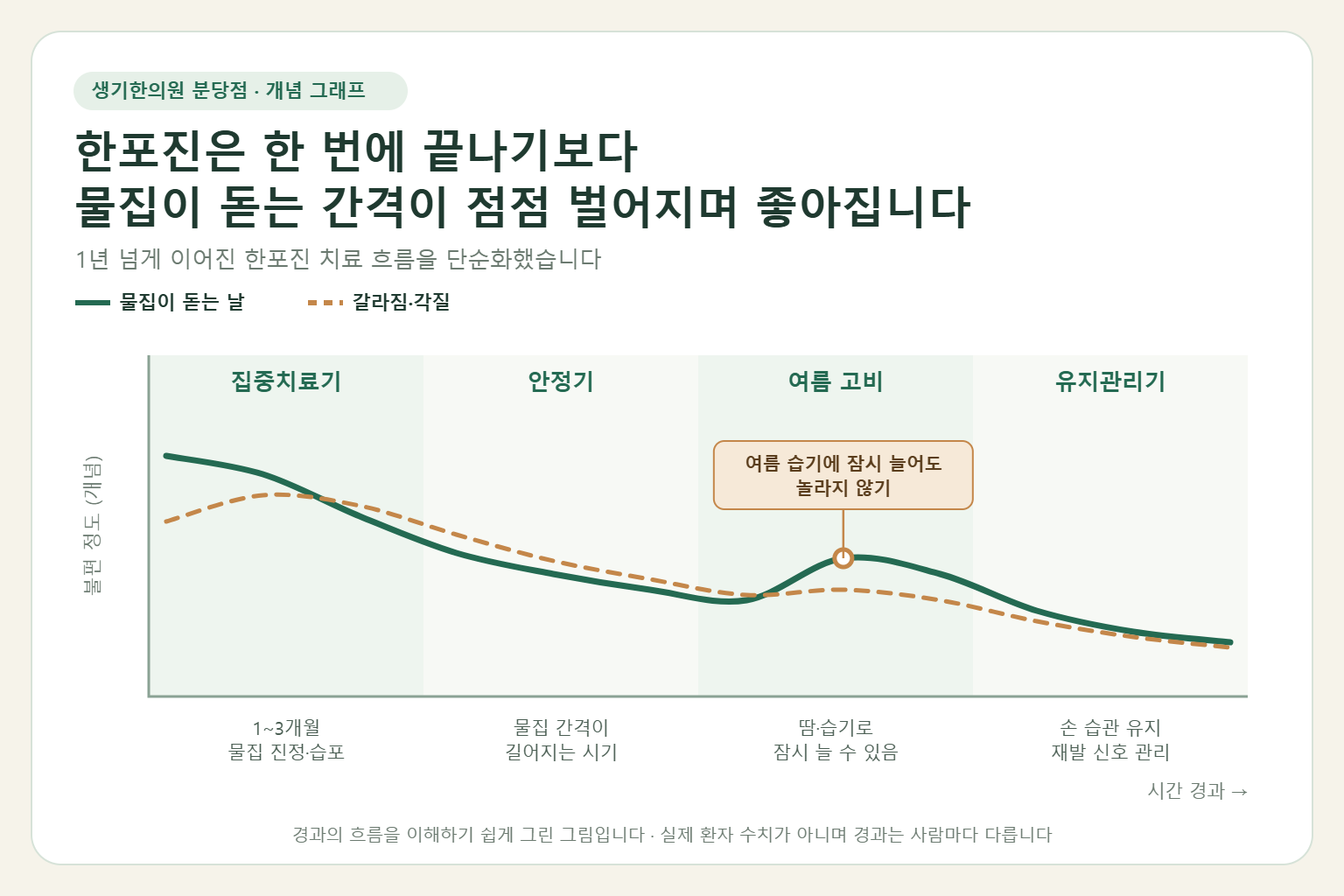 1년 넘게 이어진 한포진 치료 동안 집중치료기, 안정기, 여름 고비, 유지관리기를 거치며 물집이 돋는 날과 갈라짐이 줄어드는 흐름을 보여 주는 개념 그래프