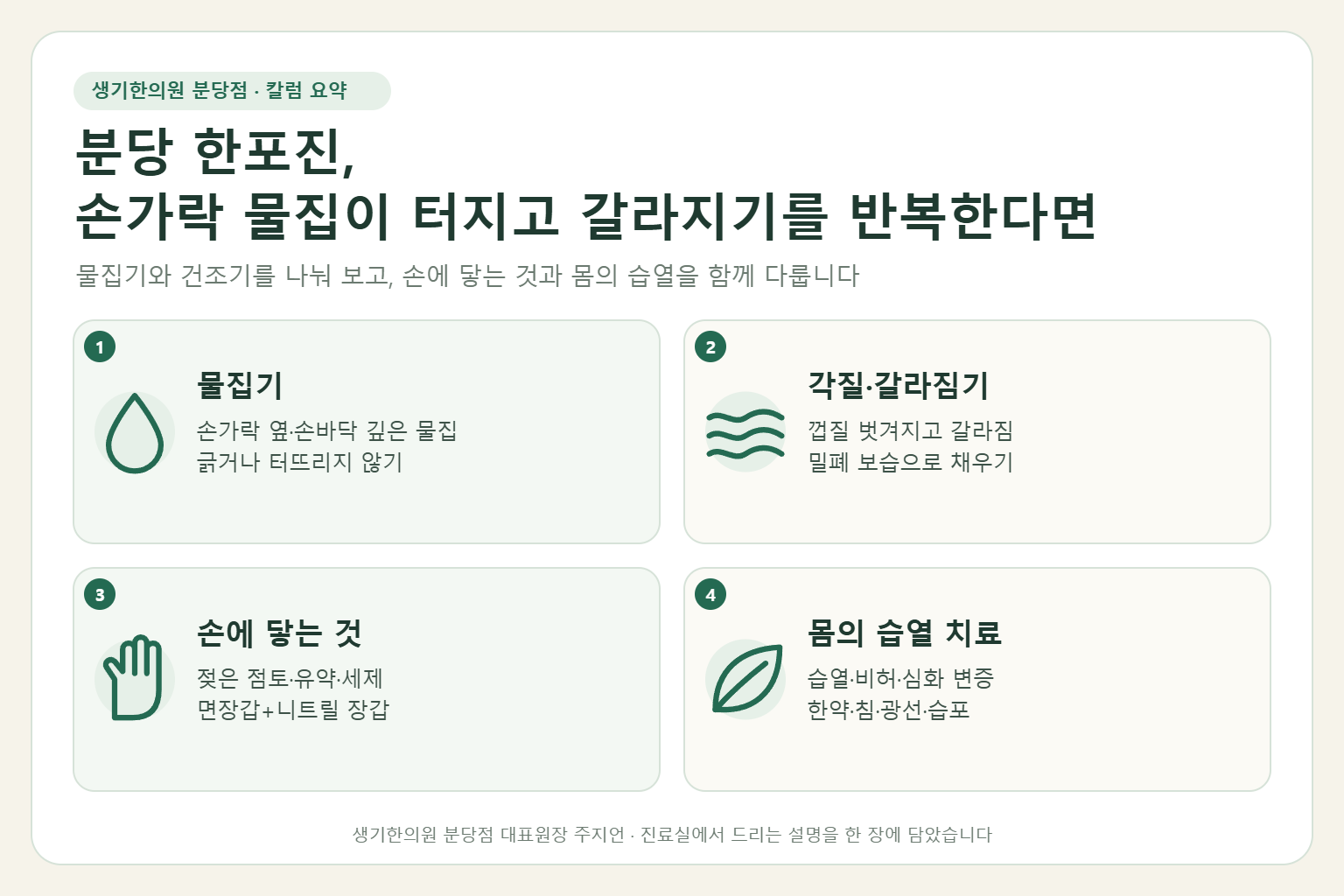 분당 한포진의 물집기와 각질·갈라짐기, 손에 닿는 자극 관리, 몸의 습열을 다스리는 치료를 정리한 요약 그림