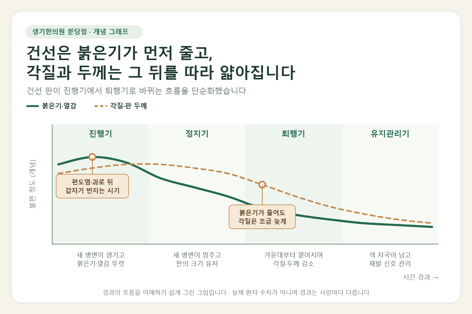건선이 진행기, 정지기, 퇴행기, 유지관리기를 거치며 붉은기와 열감이 먼저 줄고 각질과 판 두께가 뒤따라 얇아지는 흐름을 보여 주는 개념 그래프