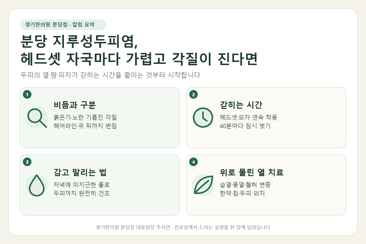 분당 지루성두피염에서 비듬과의 구분, 헤드셋 착용 시간, 두피를 감고 말리는 법, 위로 몰린 열을 다스리는 치료를 정리한 요약 그림