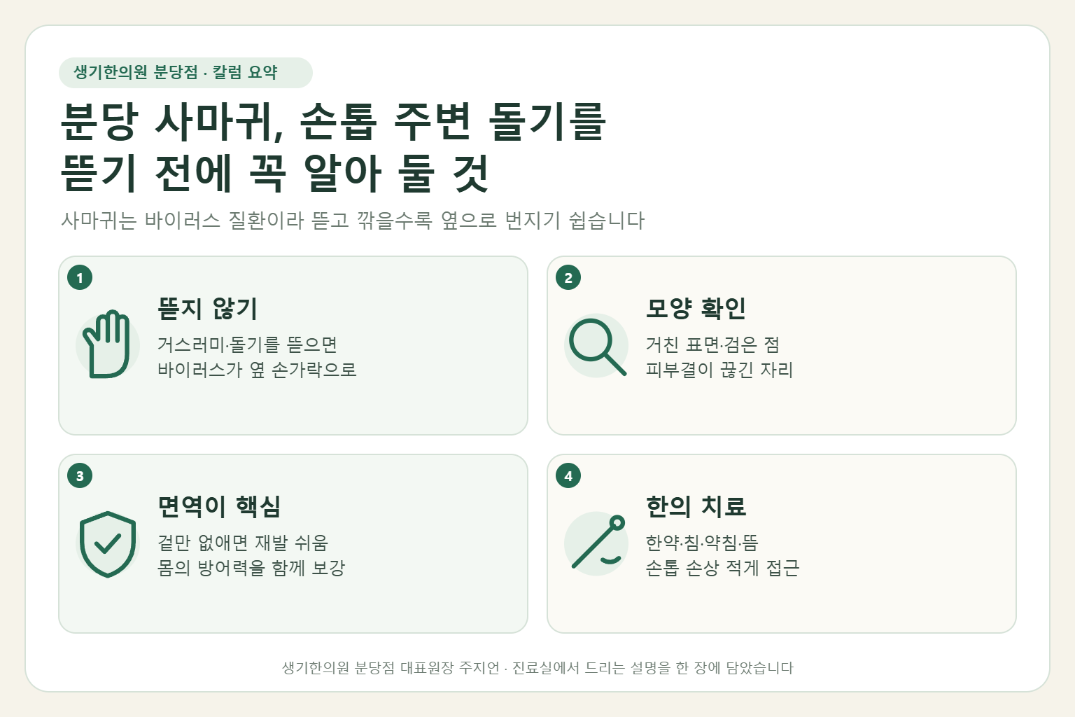 분당 손톱 주변 사마귀에서 뜯지 않기, 모양 확인, 면역의 중요성, 한약과 침·약침·뜸 치료를 정리한 요약 그림
