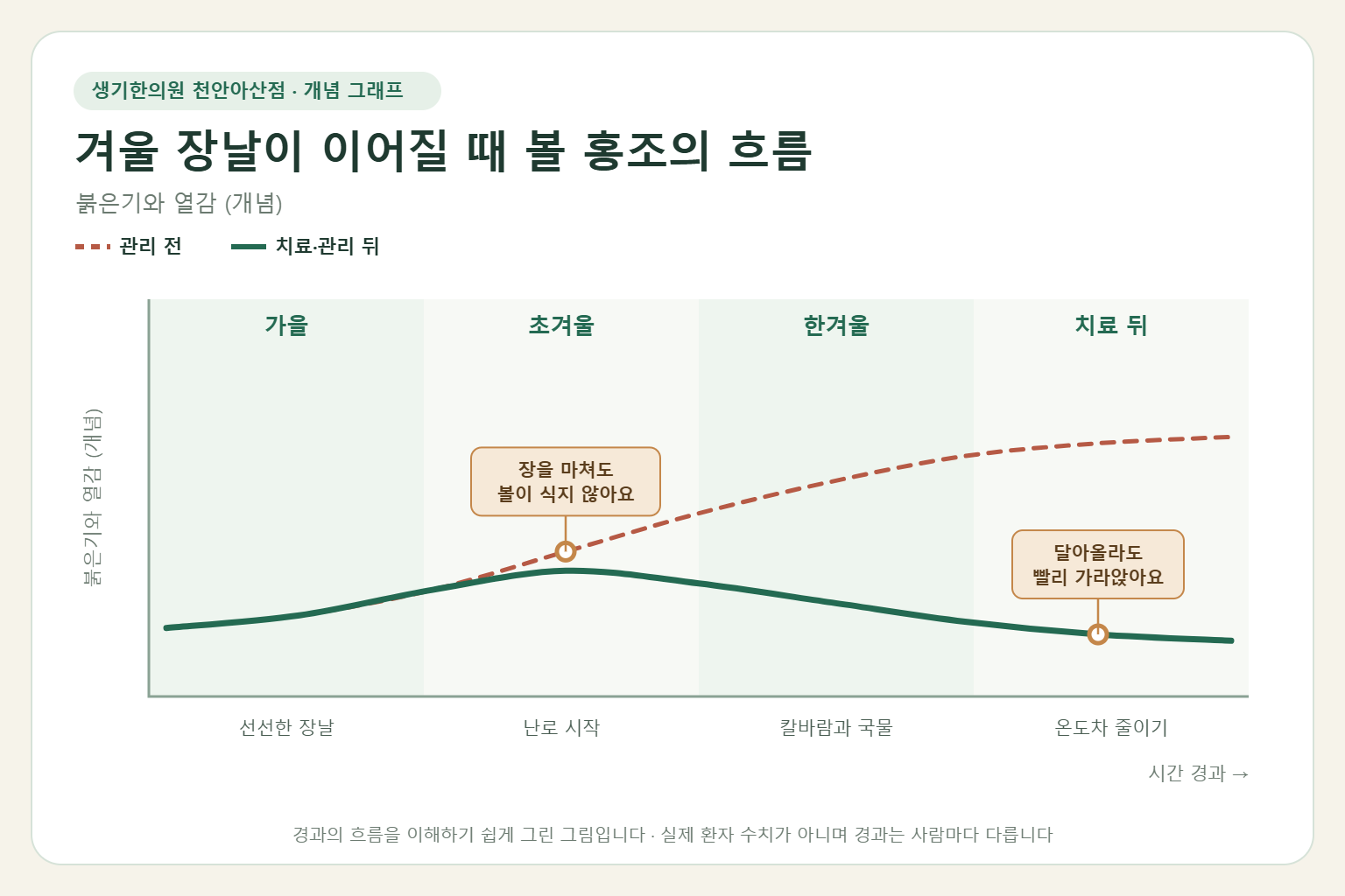 겨울 장날이 이어질 때 볼 홍조의 흐름과 치료 뒤 변화를 그린 개념 그래프