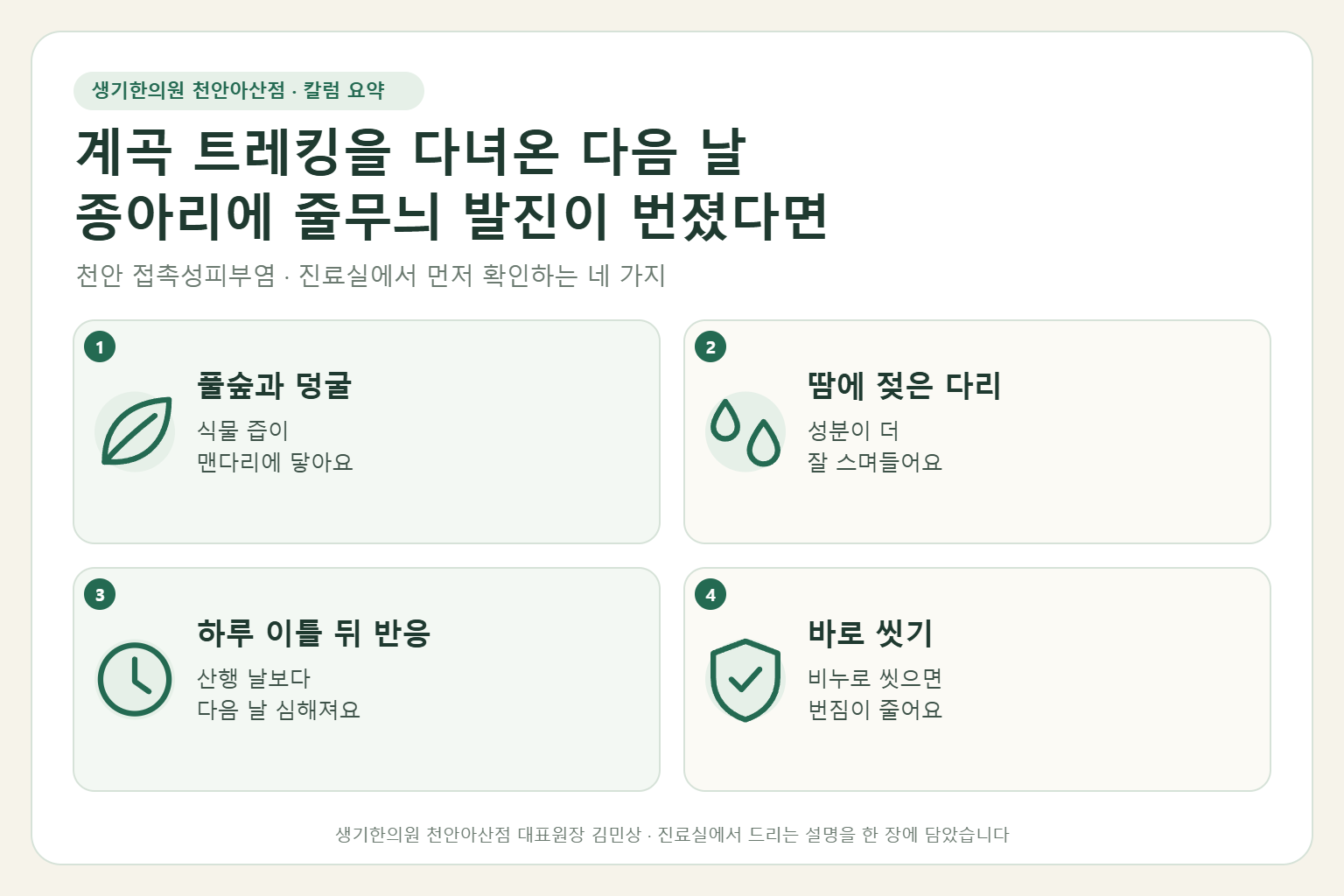 천안 접촉성피부염 진료에서 먼저 확인하는 네 가지를 정리한 요약 그림