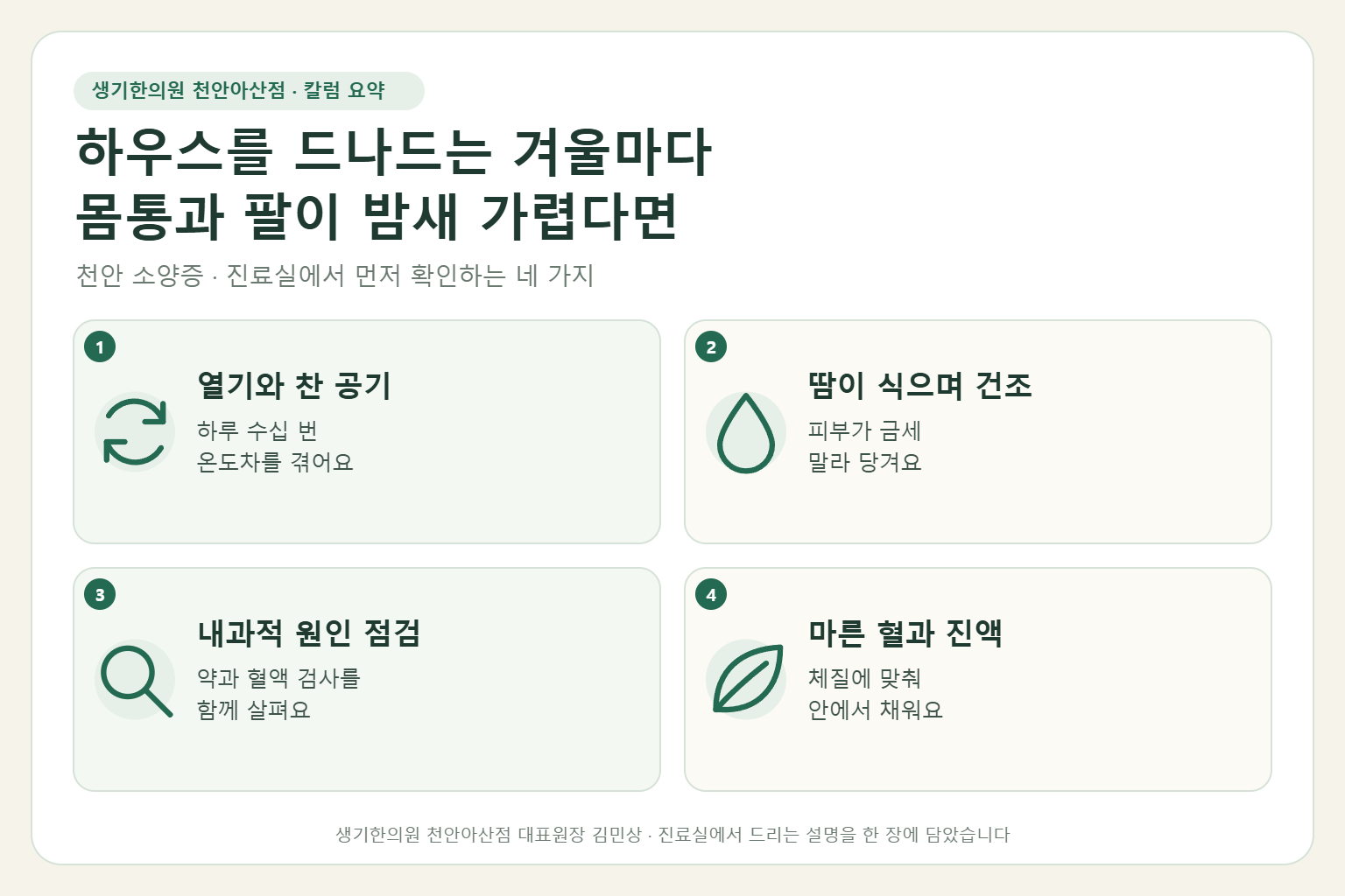 천안 소양증 진료에서 먼저 확인하는 네 가지를 정리한 요약 그림