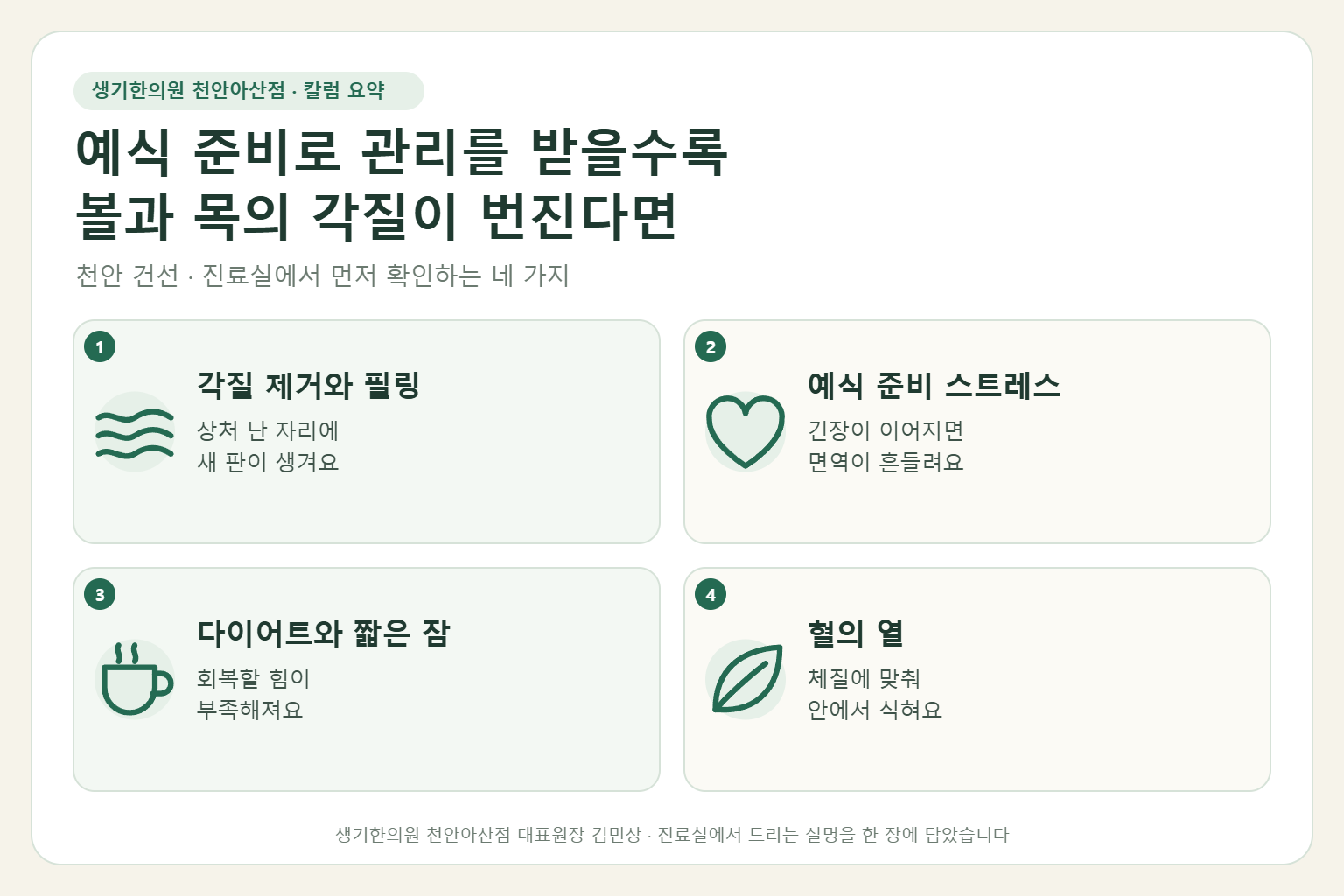 천안 건선 진료에서 먼저 확인하는 네 가지를 정리한 요약 그림