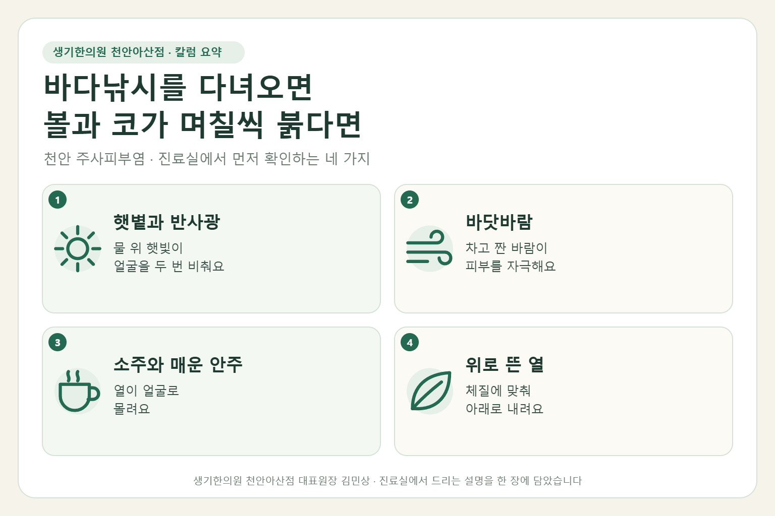 천안 주사피부염 진료에서 먼저 확인하는 네 가지를 정리한 요약 그림