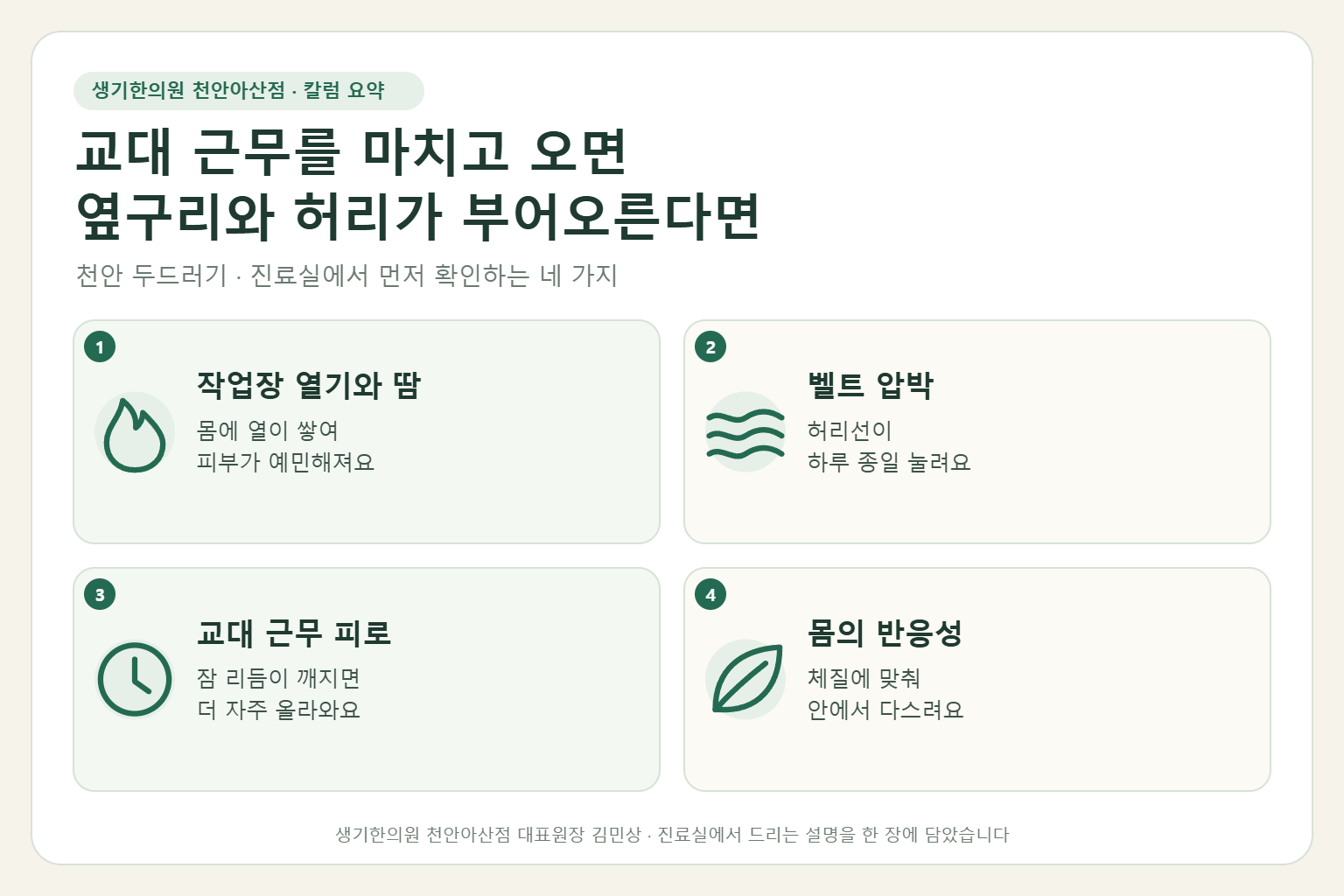 천안 두드러기 진료에서 먼저 확인하는 네 가지를 정리한 요약 그림