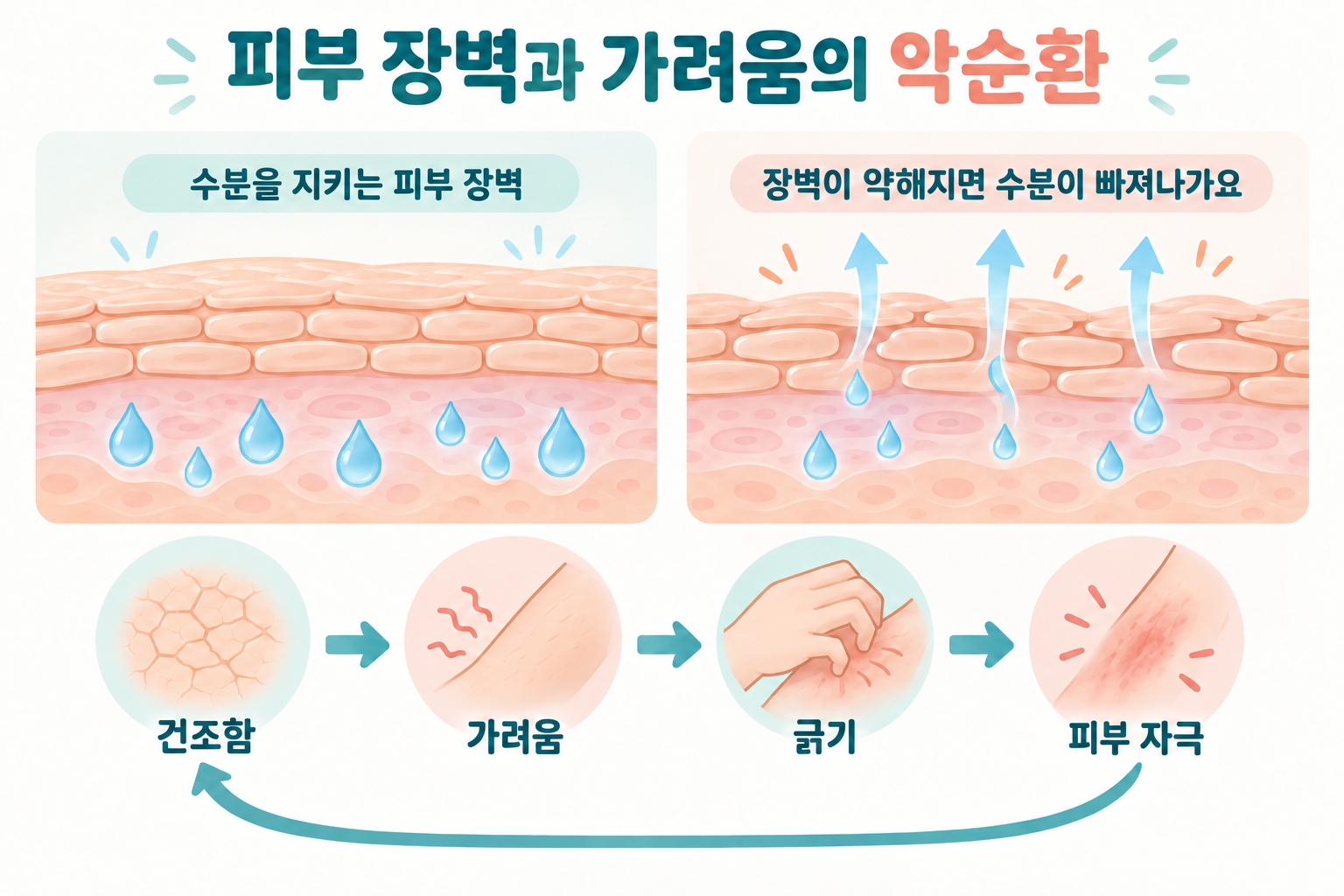 피부 장벽의 수분 보호 기능과 건조함·가려움·긁기·피부 자극의 악순환을 설명한 AI 개념도