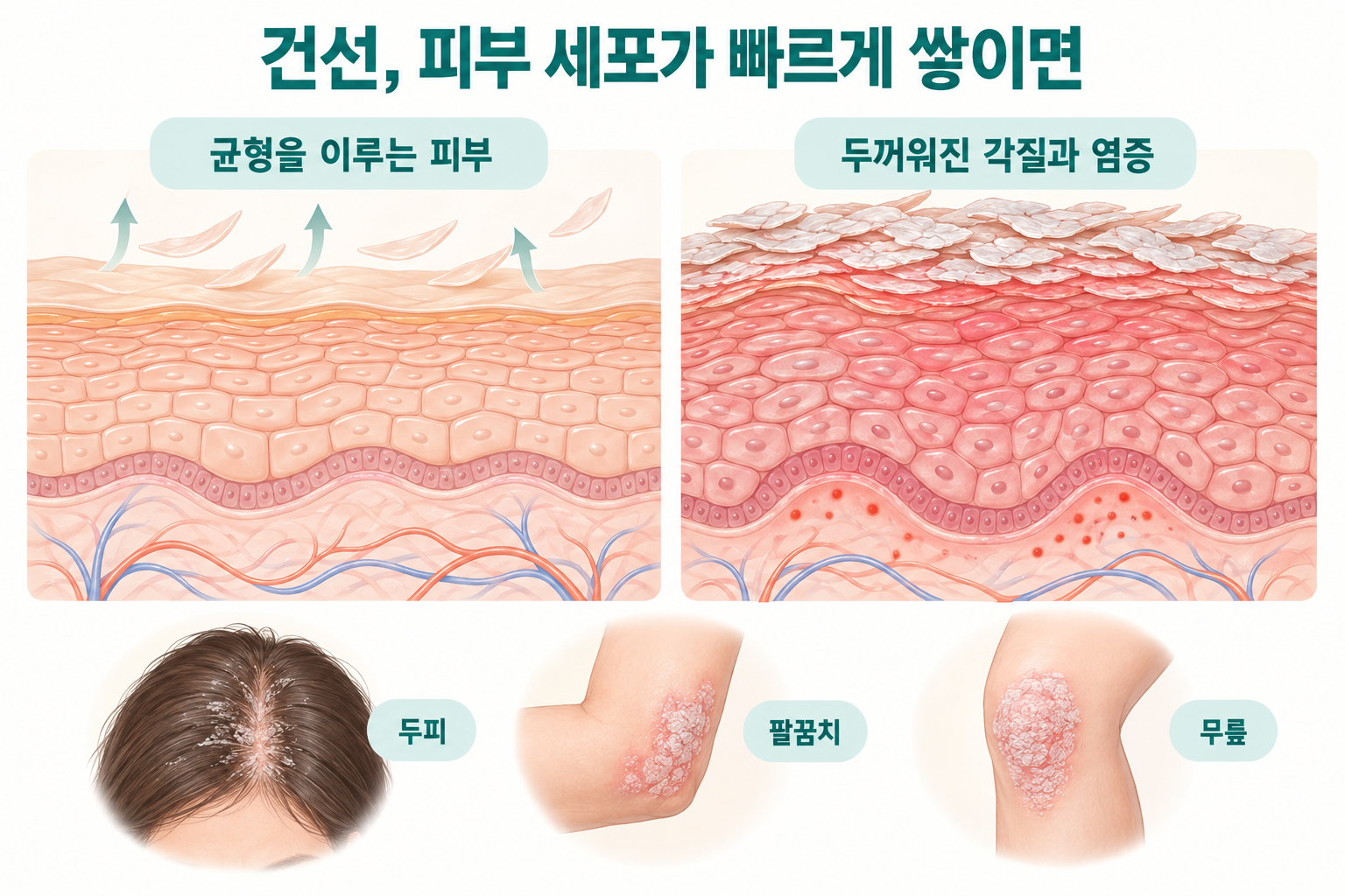 건선에서 피부 세포가 빠르게 쌓이는 과정과 발생 부위 설명도
