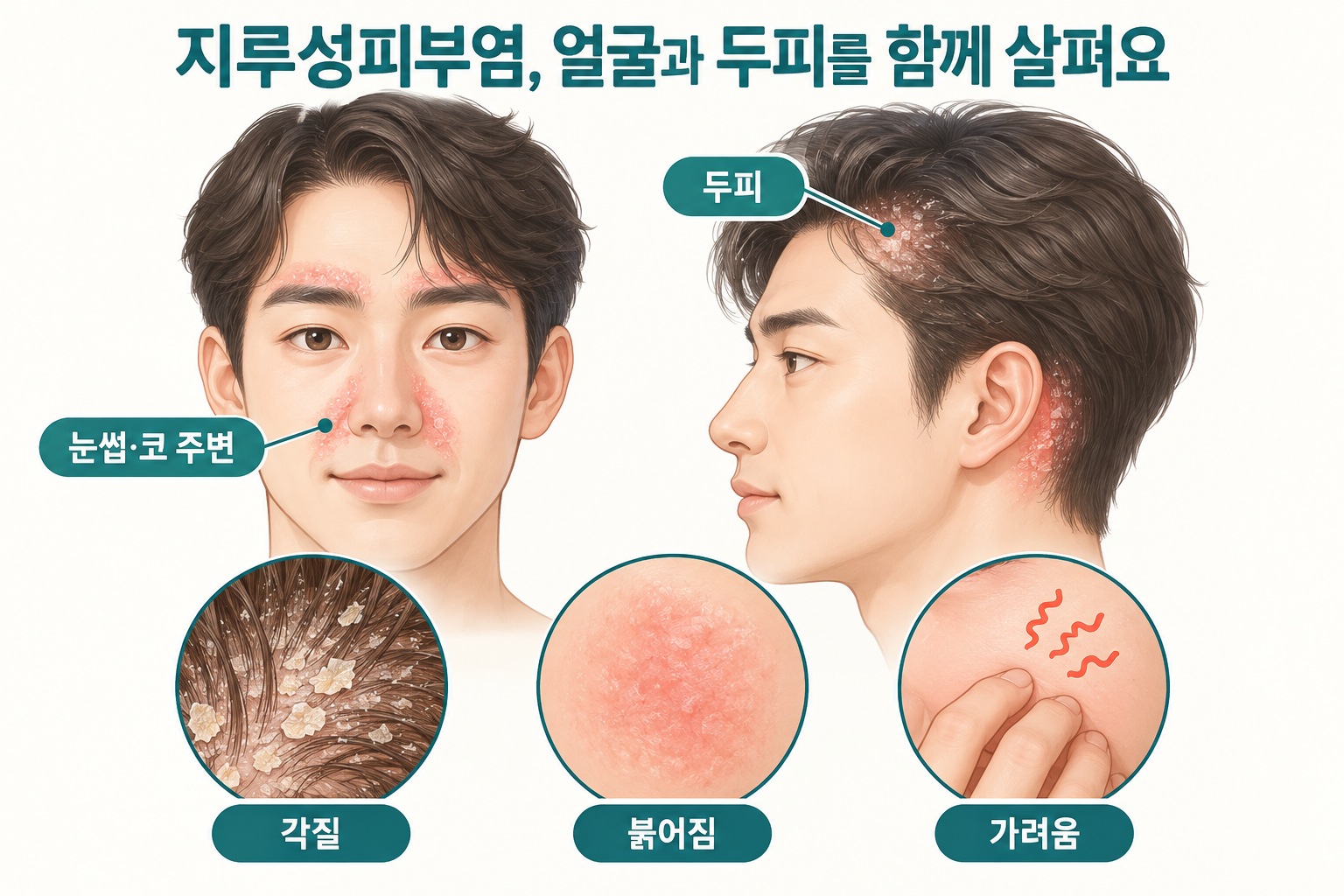 지루성피부염이 나타나는 얼굴과 두피 부위, 각질과 붉어짐 설명도