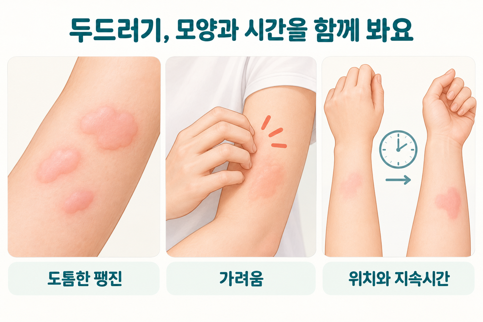 두드러기의 팽진과 가려움, 지속 시간을 보여주는 설명도