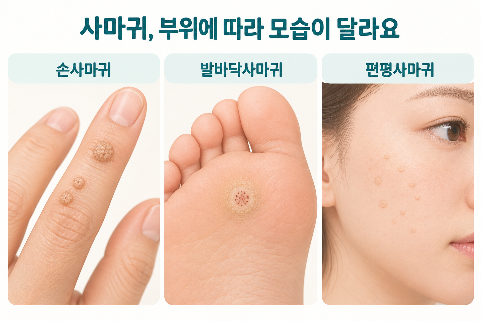 손사마귀, 발바닥사마귀, 편평사마귀의 부위별 모습을 보여주는 설명도