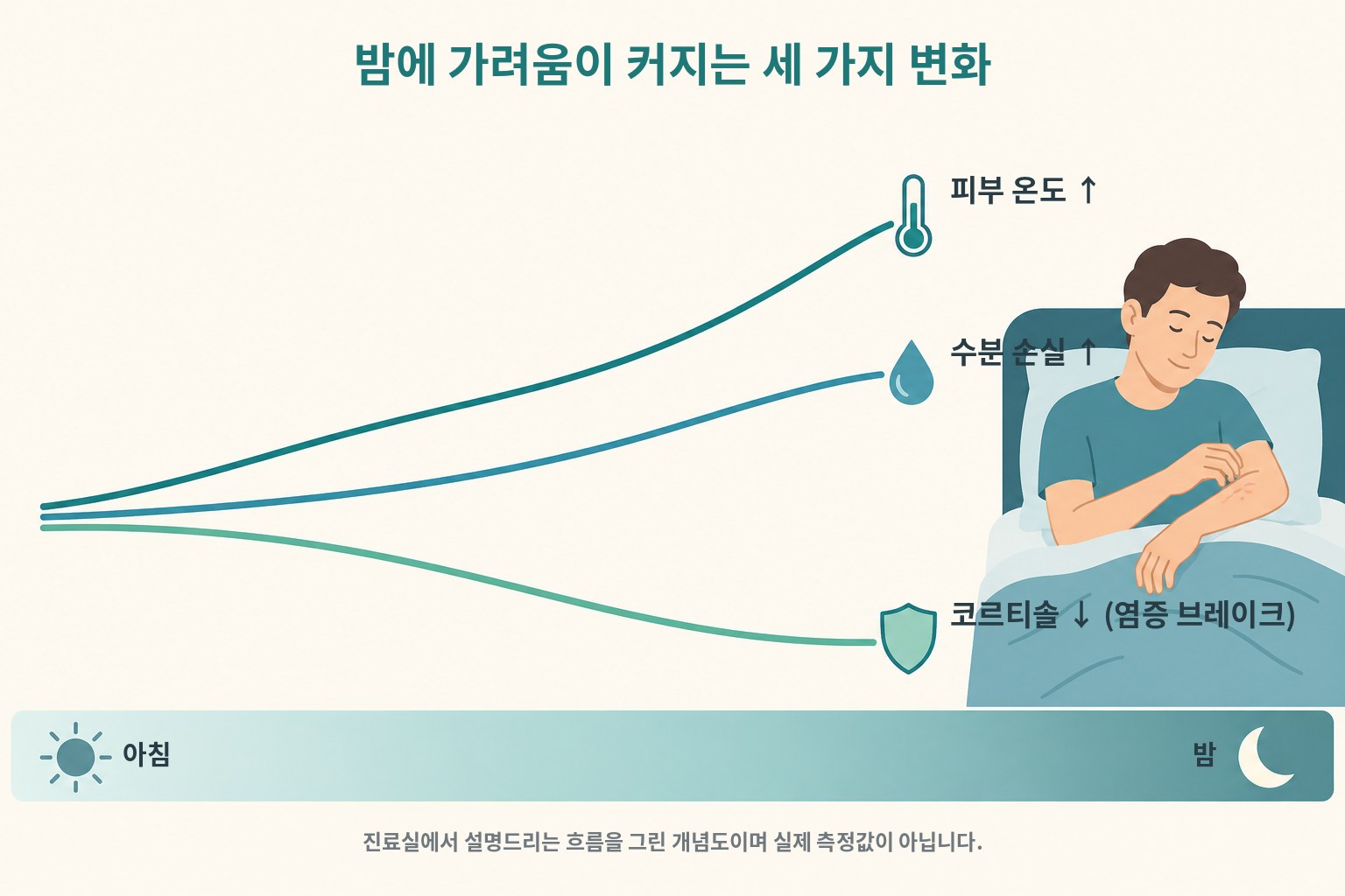 대전 아토피 밤 가려움이 커지는 세 가지 변화(피부 온도·수분 손실·코르티솔)를 정리한 개념도