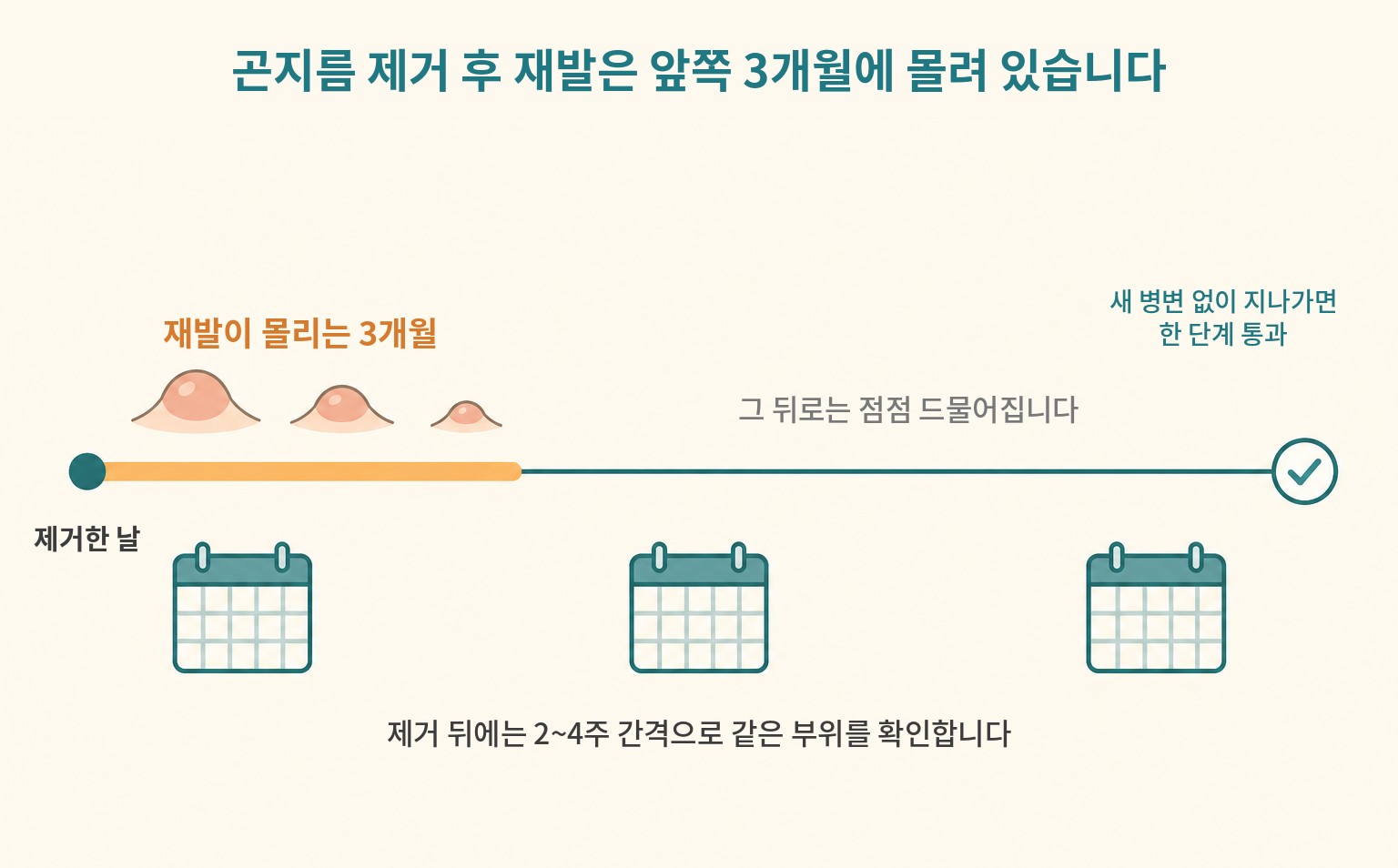 곤지름 제거 후 재발이 앞쪽 3개월에 몰려 있는 흐름을 그린 타임라인 도해