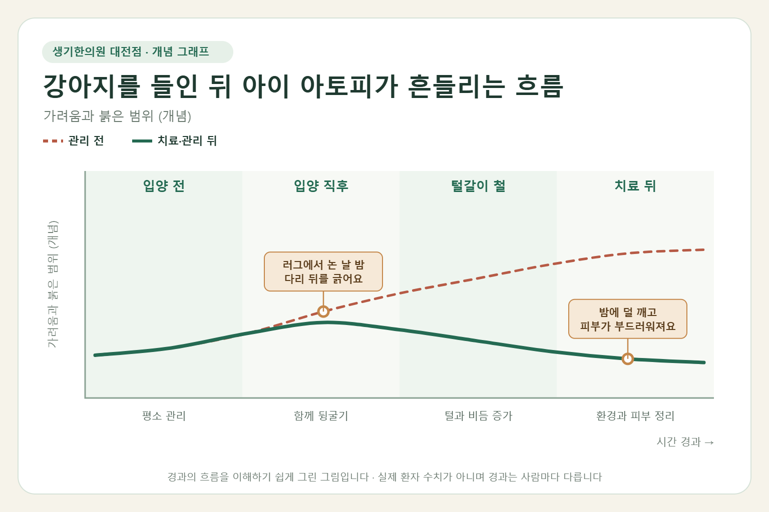 강아지를 들인 뒤 아이 아토피가 흔들리는 흐름과 치료 뒤 변화를 그린 개념 그래프