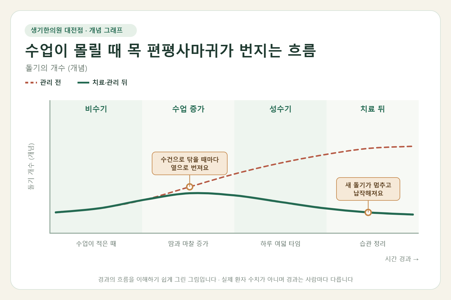 수업이 몰릴 때 목 편평사마귀가 번지는 흐름과 치료 뒤 변화를 그린 개념 그래프