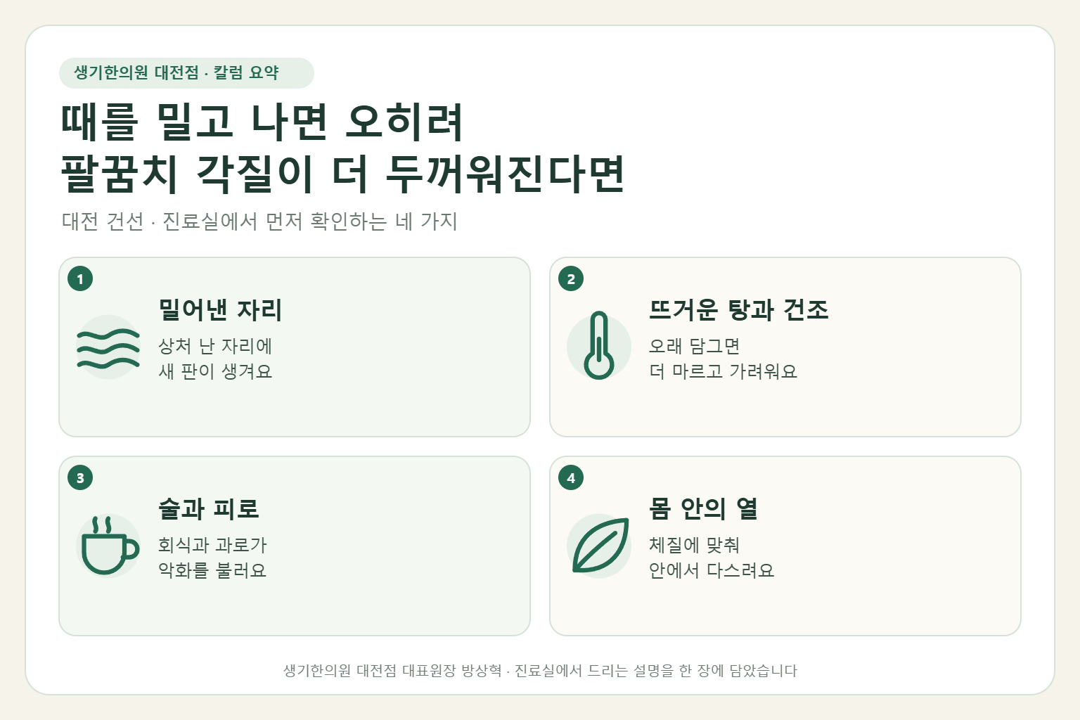 대전 건선 진료에서 먼저 확인하는 네 가지를 정리한 요약 그림