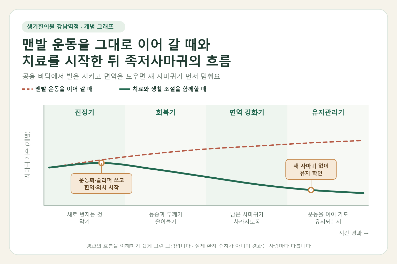 강남역 족저사마귀 경과 개념 그래프 — 맨발 운동을 그대로 이어 갈 때와 한약 치료와 외치를 함께할 때 족저사마귀의 흐름 비교