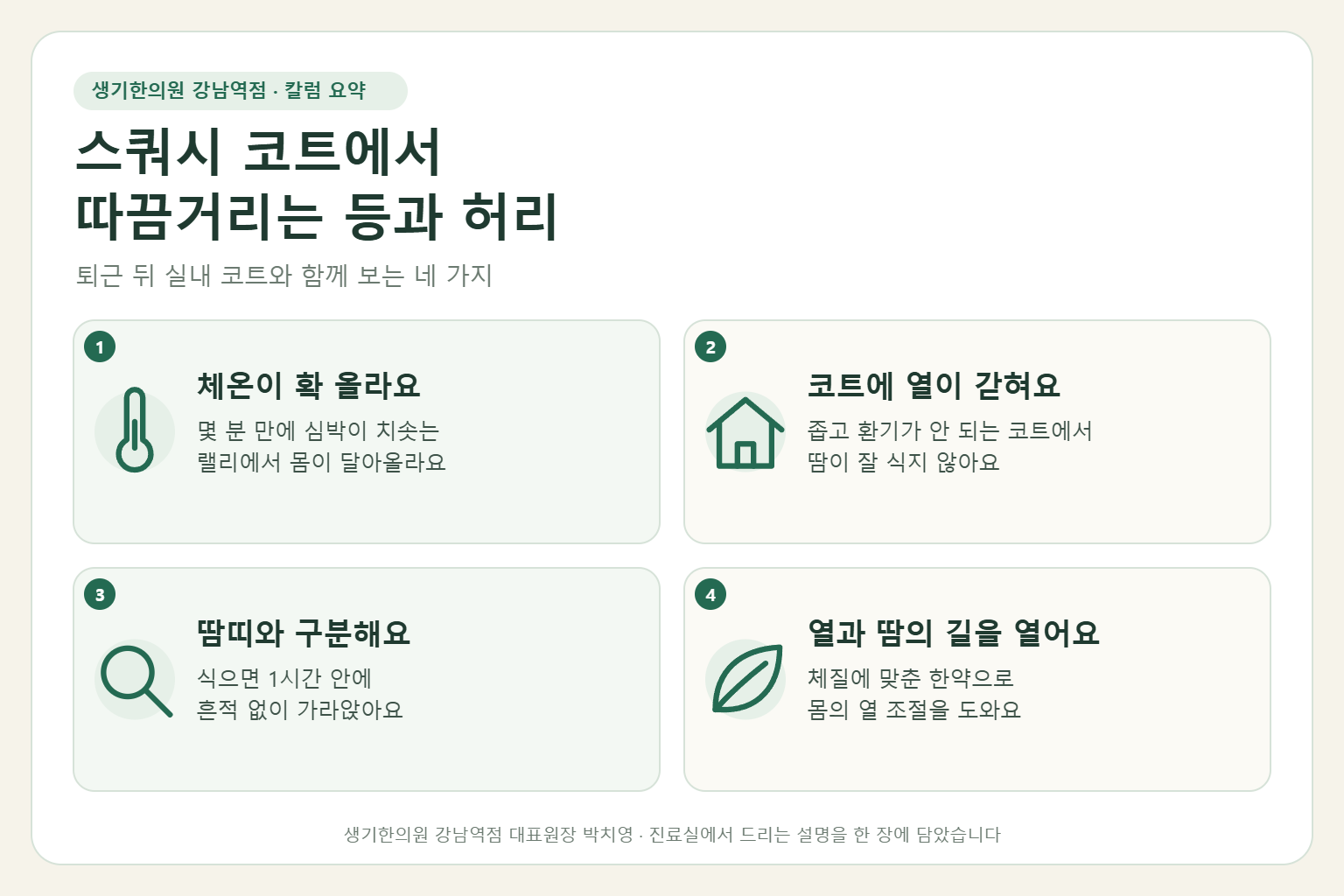 강남역 콜린성두드러기 핵심 요약 — 퇴근 뒤 실내 스쿼시 코트에서 체온이 오를 때 등과 허리에 돋는 콜린성두드러기의 원인, 구분법, 한약 치료, 운동 관리