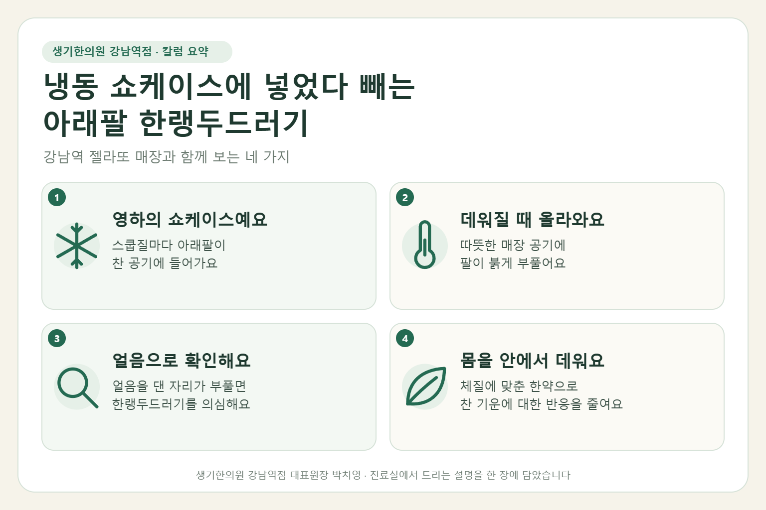 강남역 한랭두드러기 핵심 요약 — 젤라또 매장 냉동 쇼케이스에 아래팔을 넣었다 빼며 생긴 한랭두드러기의 원인, 구분법, 한약 치료, 매장 근무 관리