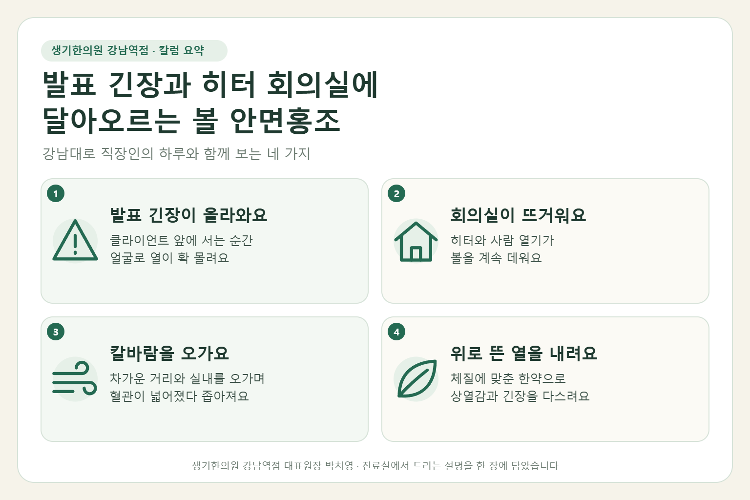 강남역 안면홍조 핵심 요약 — PT 발표 긴장과 히터 회의실, 겨울 칼바람을 오가며 달아오르는 볼 안면홍조의 원인, 구분법, 한약 치료, 발표 전후 관리