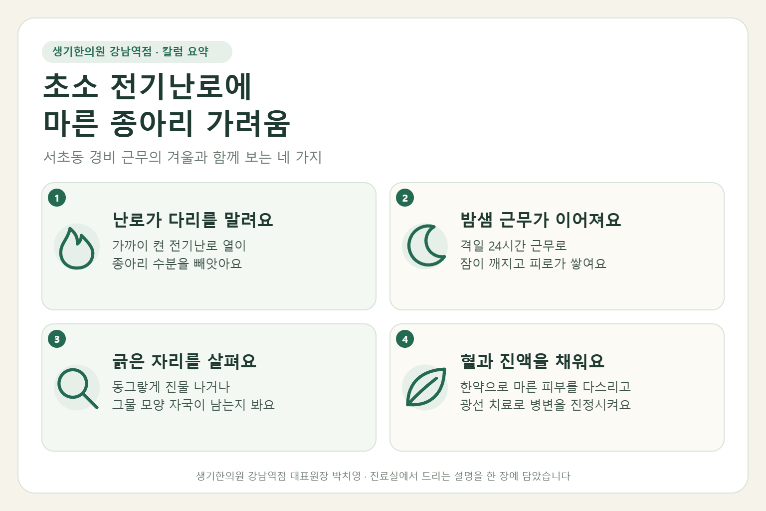 강남역 소양증 핵심 요약 — 겨울 초소 전기난로의 마른 열과 밤샘 근무에 가려운 경비원의 무릎 뒤와 종아리 소양증 원인, 구분법, 한약 치료와 광선 치료, 초소 관리
