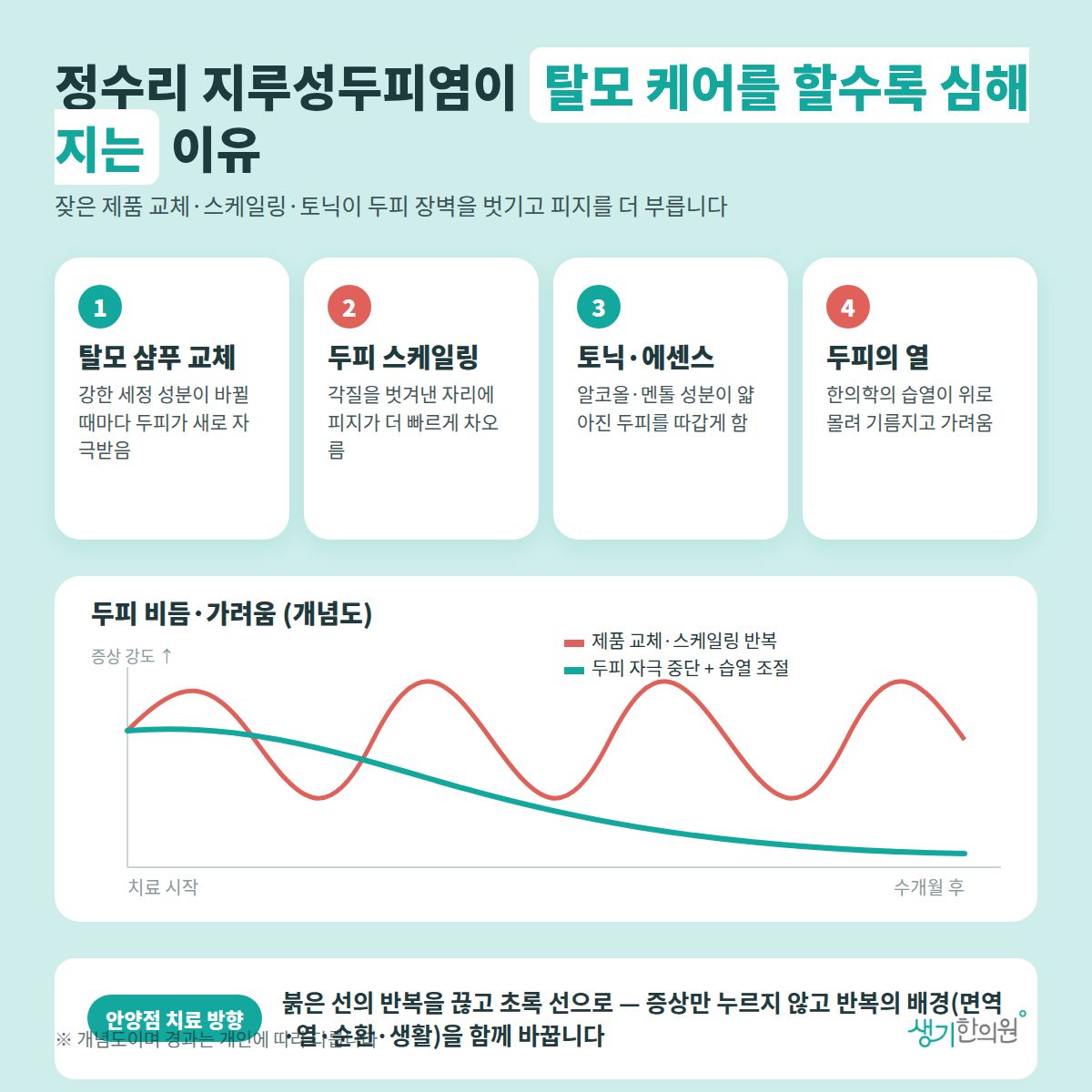 정수리 지루성두피염이 탈모 케어를 할수록 심해지는 이유 — 탈모 샴푸 교체, 두피 스케일링, 토닉·에센스, 두피의 열 4가지와 치료 경과 개념 그래프