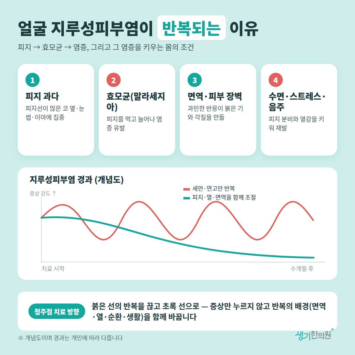 얼굴 지루성피부염이 반복되는 이유 — 피지 과다, 효모균, 면역·피부 장벽, 수면·스트레스·음주와 치료 경과 개념 그래프