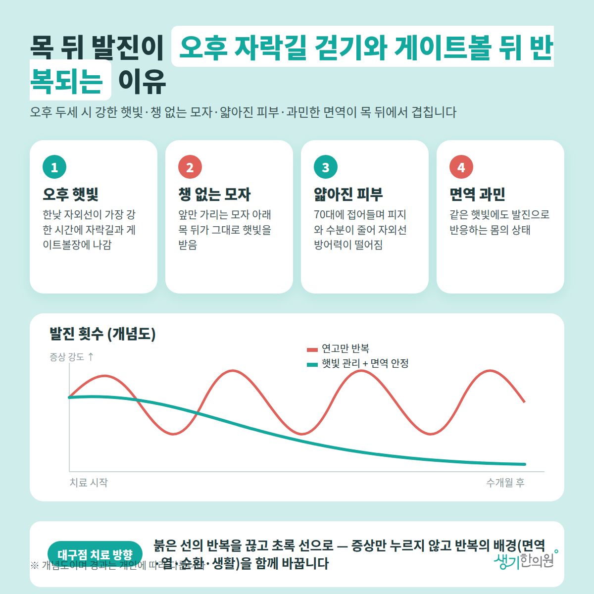 목 뒤 발진이 오후 자락길 걷기와 게이트볼 뒤 반복되는 이유 — 오후 햇빛, 챙 없는 모자, 얇아진 피부, 면역 과민 4가지와 치료 경과 개념 그래프