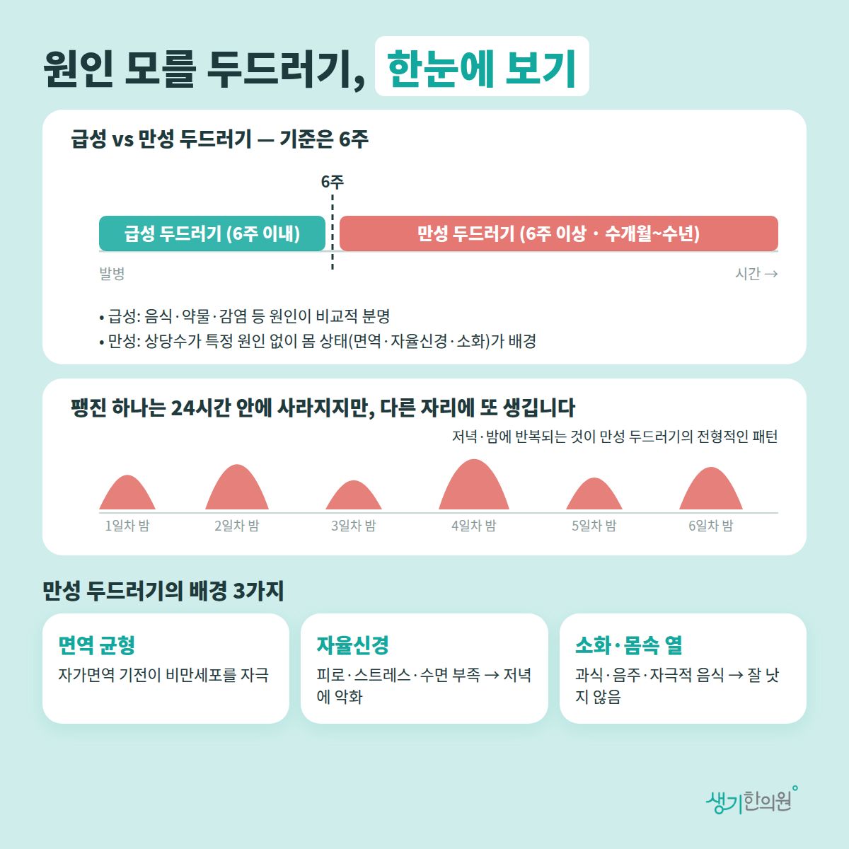 급성과 만성 두드러기를 6주 기준으로 나눈 타임라인, 밤마다 반복되는 팽진 패턴, 만성 두드러기의 배경 3가지 그래픽