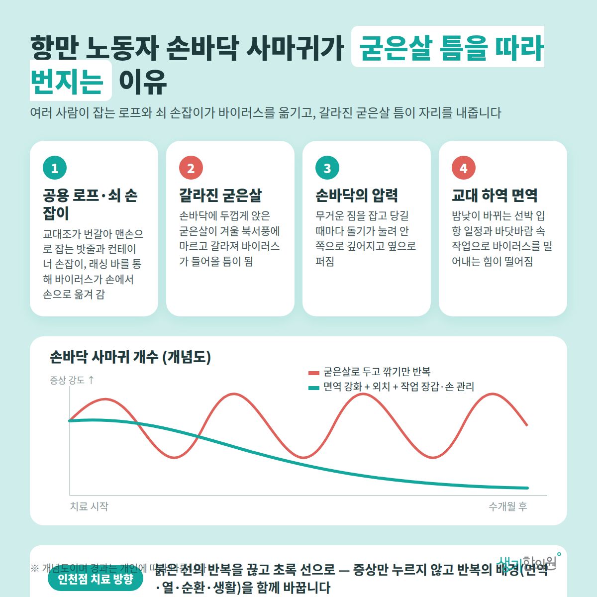 항만 노동자 손바닥 사마귀가 굳은살 틈을 따라 번지는 이유 — 공용 로프·쇠 손잡이, 갈라진 굳은살, 손바닥의 압력, 교대 하역 면역 4가지와 치료 경과 개념 그래프