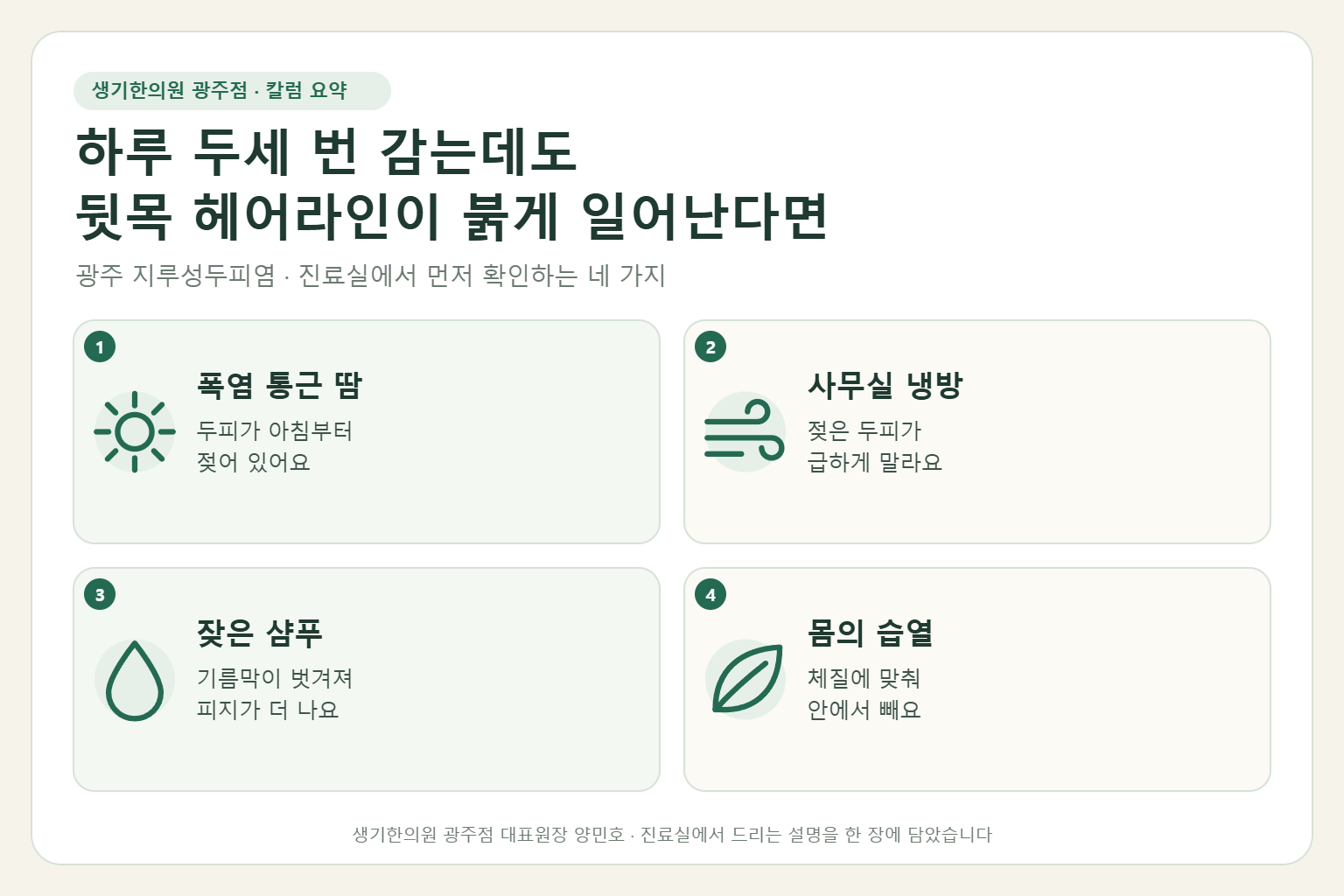 광주 지루성두피염 진료에서 먼저 확인하는 네 가지를 정리한 요약 그림