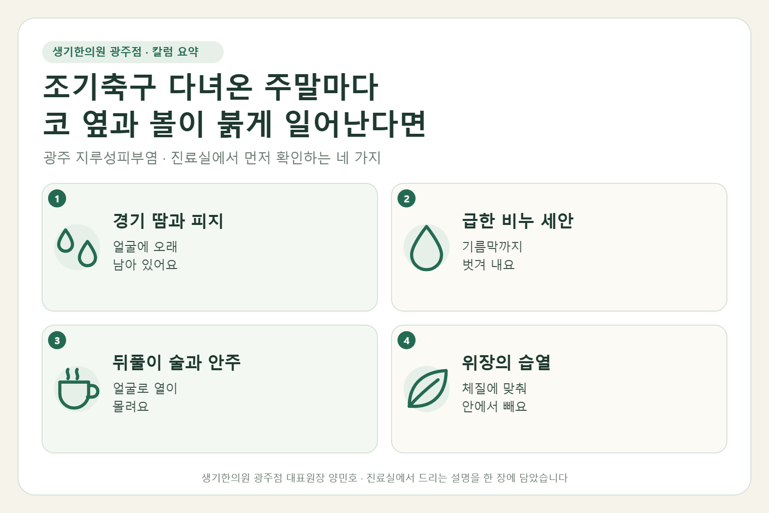 광주 지루성피부염 진료에서 먼저 확인하는 네 가지를 정리한 요약 그림