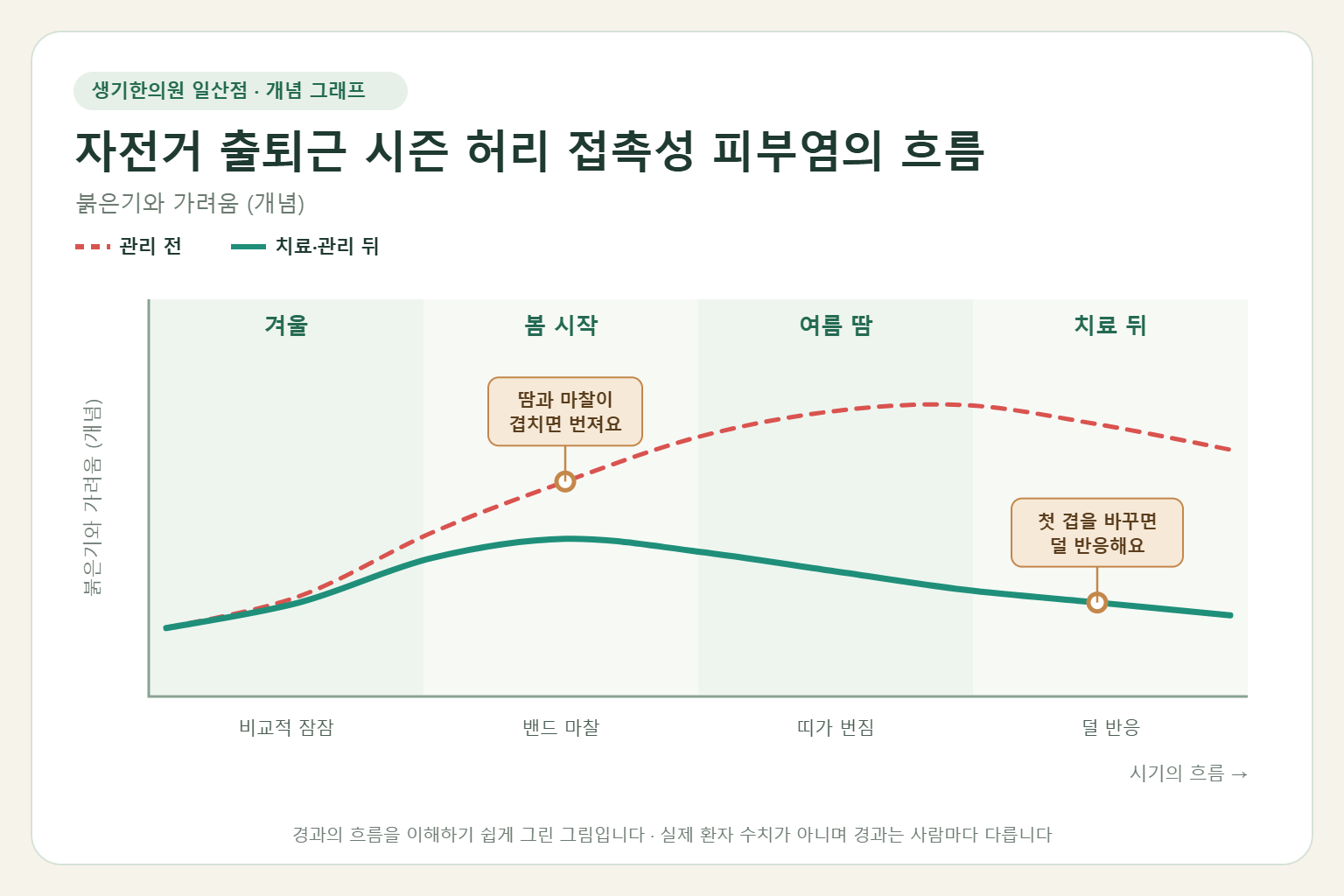 자전거 출퇴근 시즌 허리 접촉성 피부염이 오르내리는 흐름 개념 그래프