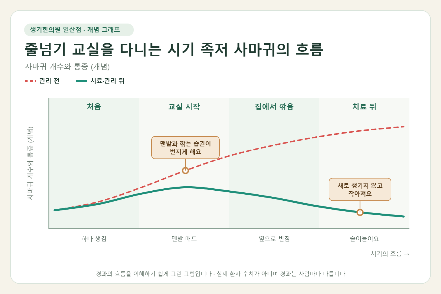 줄넘기 교실을 다니는 시기 족저 사마귀가 늘어나는 흐름 개념 그래프