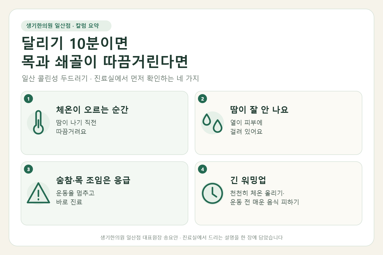 일산 콜린성두드러기 칼럼 요약 — 체온이 오르는 순간, 땀이 잘 안 나요, 숨참·목 조임은 응급, 긴 워밍업