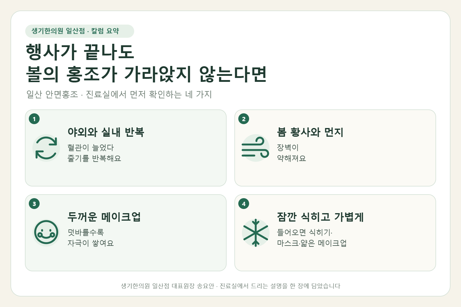 일산 안면홍조 칼럼 요약 — 야외와 실내 반복, 봄 황사와 먼지, 두꺼운 메이크업, 잠깐 식히고 가볍게
