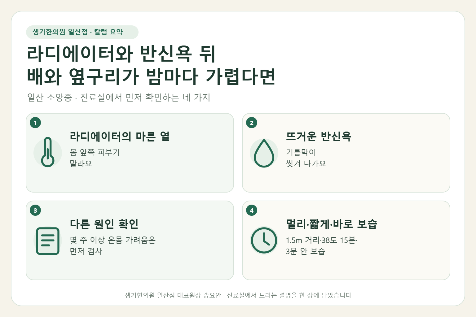 일산 소양증 칼럼 요약 — 라디에이터의 마른 열, 뜨거운 반신욕, 다른 원인 확인, 멀리·짧게·바로 보습